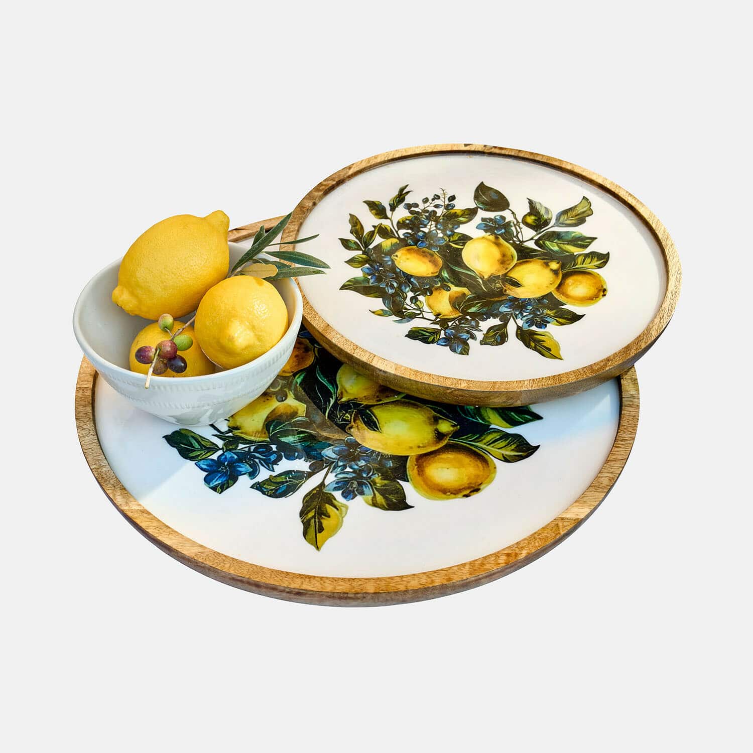 Dienblad set van 2 Solianne Houten dienbladen met citroen- en bloemenprint, witte kom met citroenen, kleurrijke tafeldecoratie