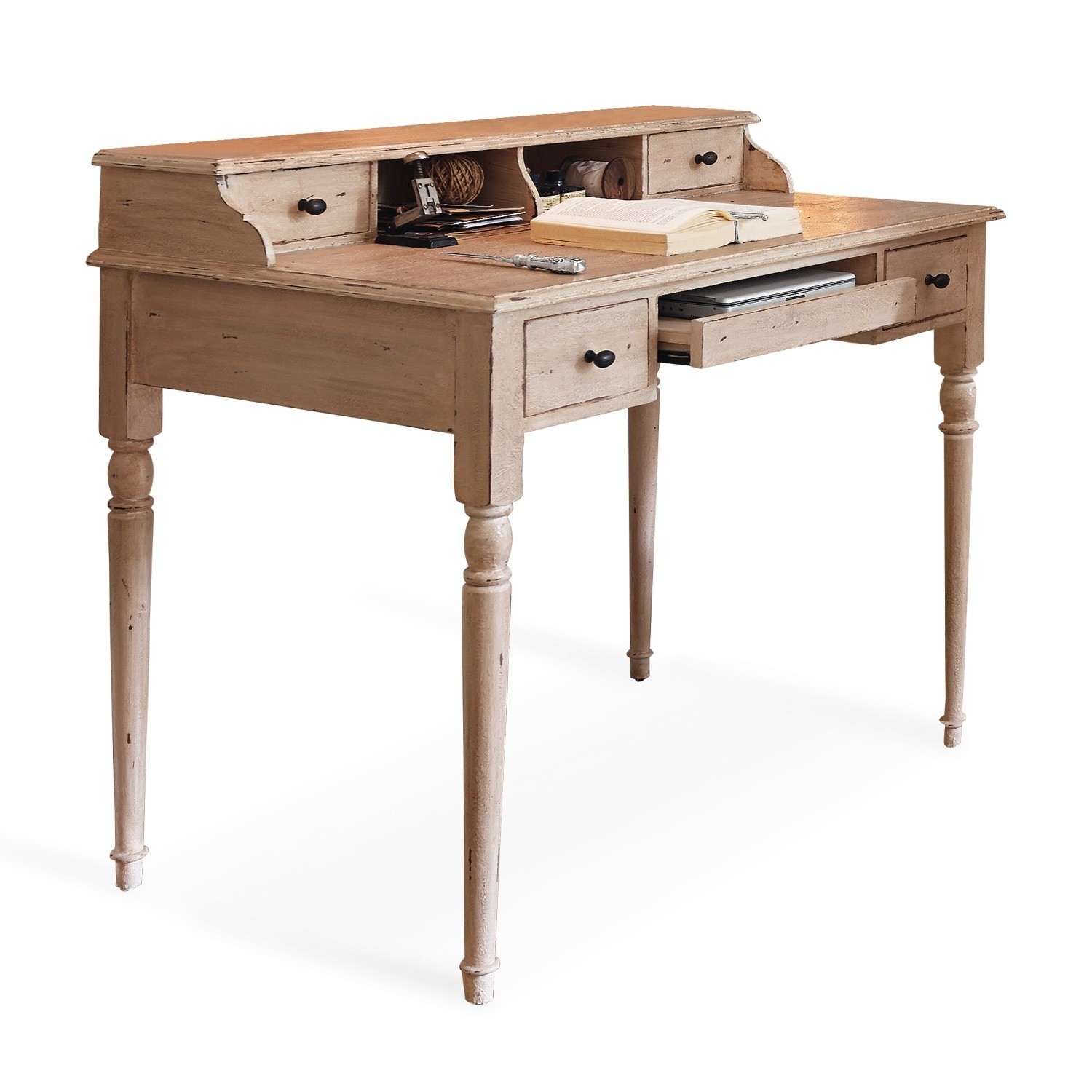 crème Crèmekleurige houten secretaire met lades en vakken, vintage stijl voor kantoor en thuis