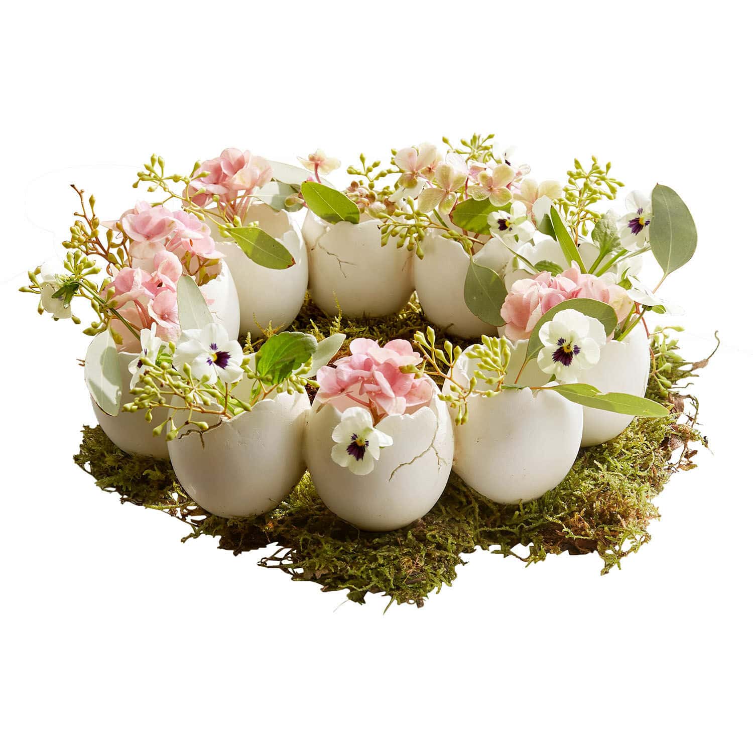 Couronne-vases Civiti Couronne décorative en coquilles d'œufs blanches avec fleurs roses et blanches sur mousse verte