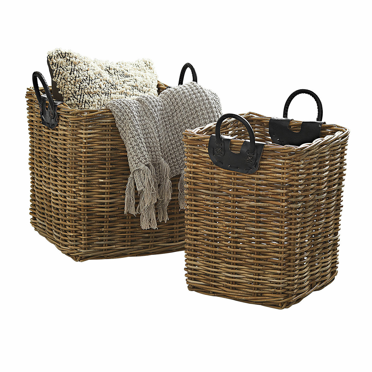 Mand set van 2 Serendel Set van twee rieten manden met zwarte handvatten, natuurlijke kleur, voor opslag en decoratie