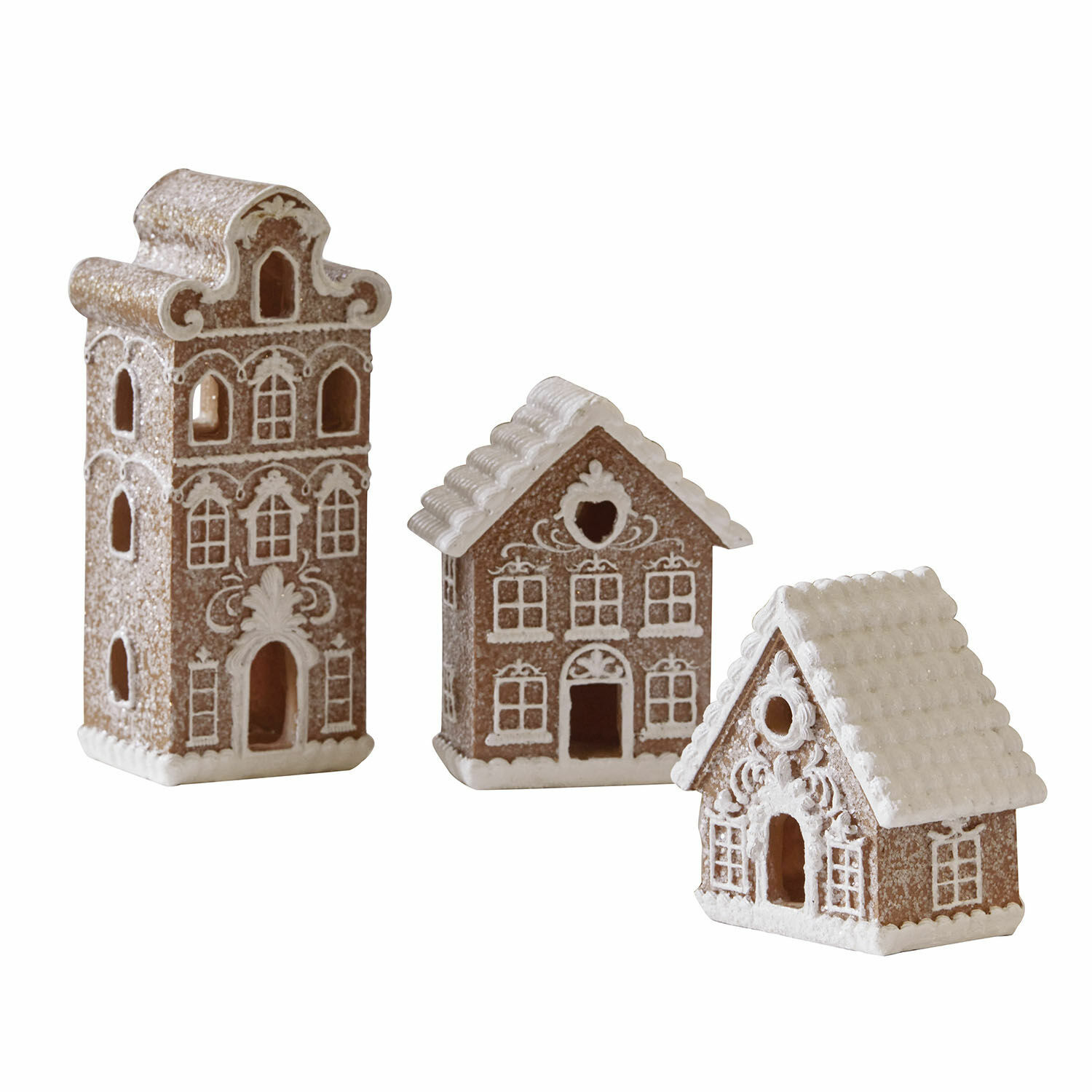 Lot de 3 maisons décoratives Gabin Ensemble de trois maisons en céramique marron décorées de blanc, style pain d'épices pour décoration festive