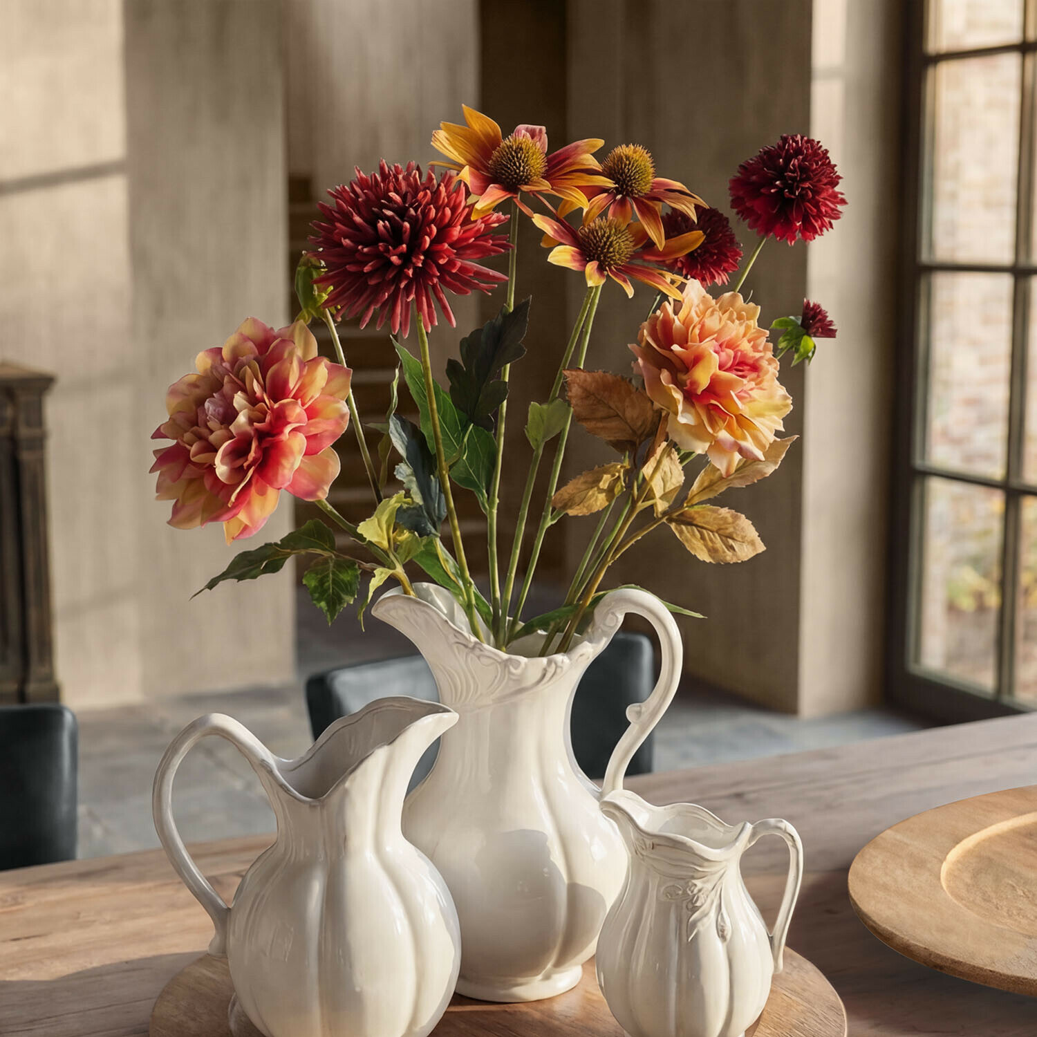 Decoratieve bloem set van 4 Zévrine Witte keramische kannen op houten tafel met boeket kunstbloemen in warme kleuren