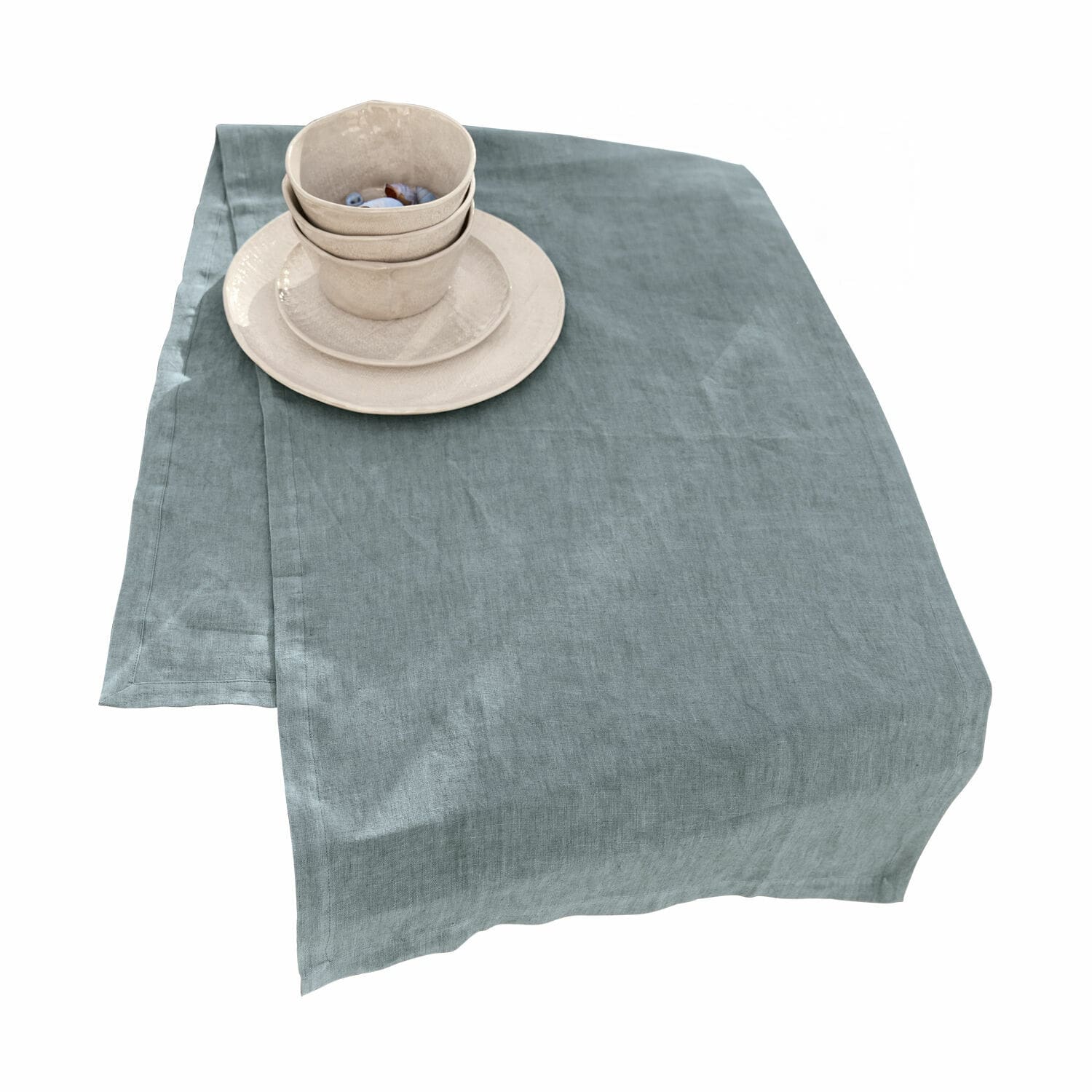 Chemin de table Bursinel Nappe en lin gris-bleu avec vaisselle en céramique beige posée dessus, décoration de table