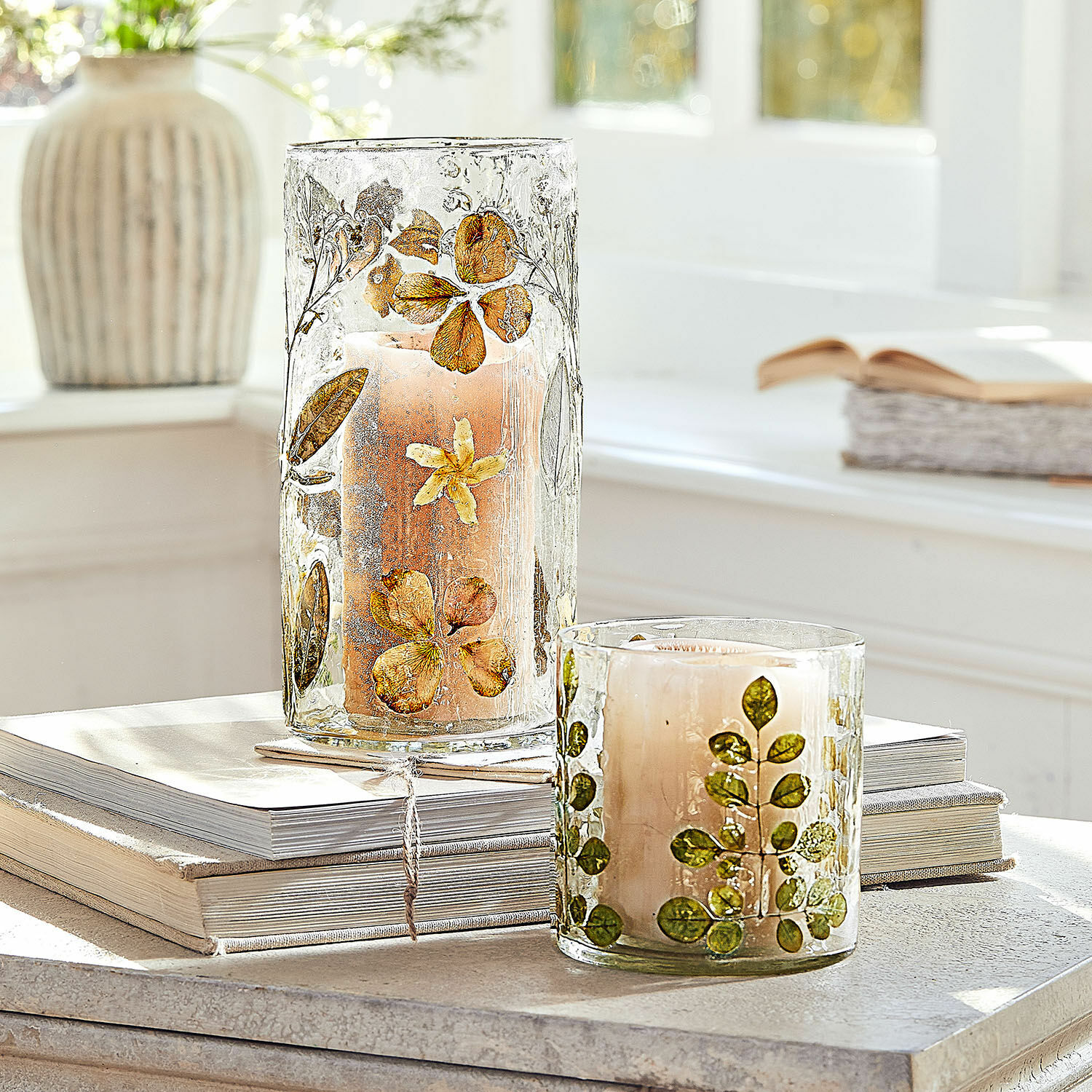 Lot de 2 photophores Quoturi Photophores en verre avec fleurs et feuilles séchées, décoration naturelle pour intérieur cosy