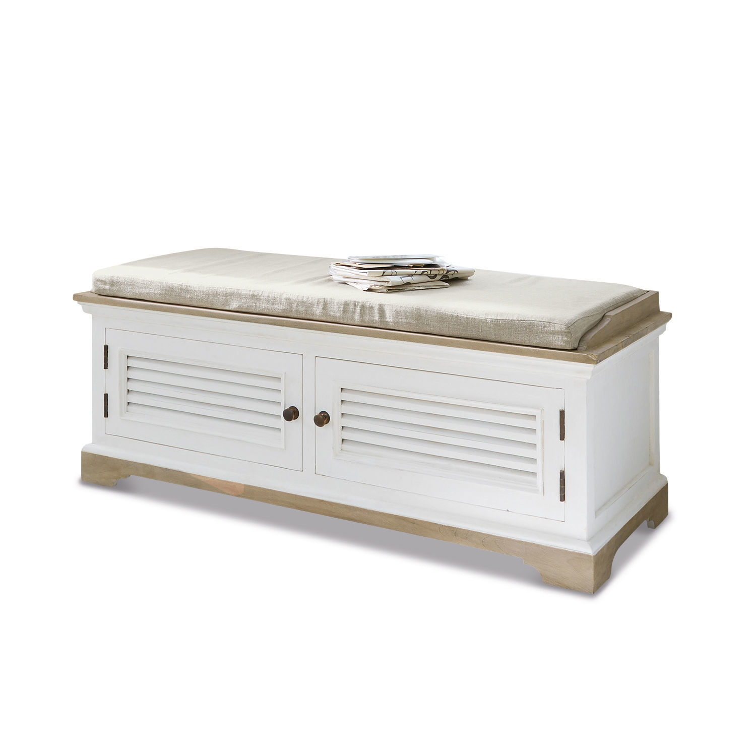 Meuble-banquette Frauke Banc en bois de manguier blanc et naturel avec coussin beige et rangement pour magazines