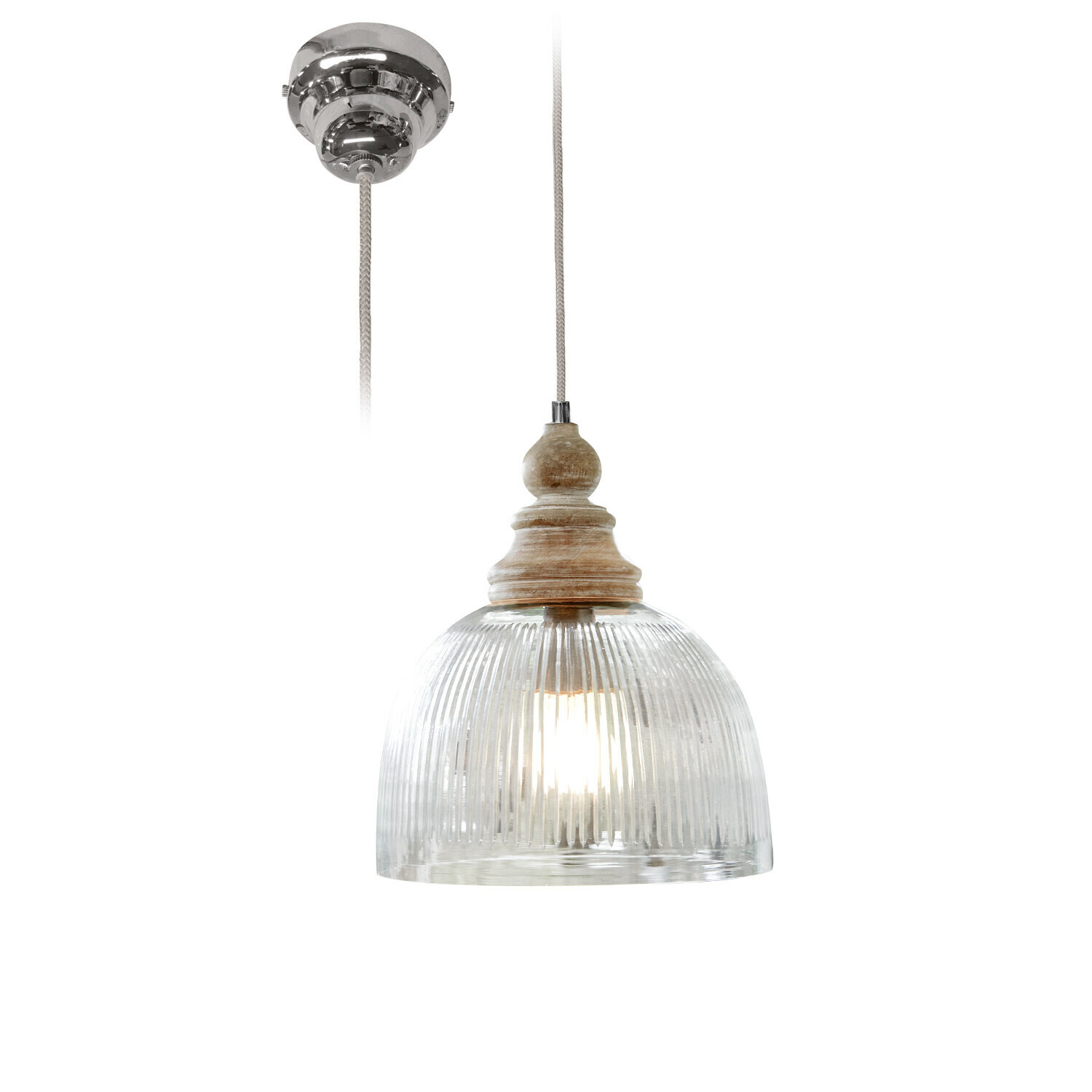 Hanglamp Lezáun Hanglamp van geribbeld helder glas met natuurlijk hout voor sfeervolle binnenverlichting