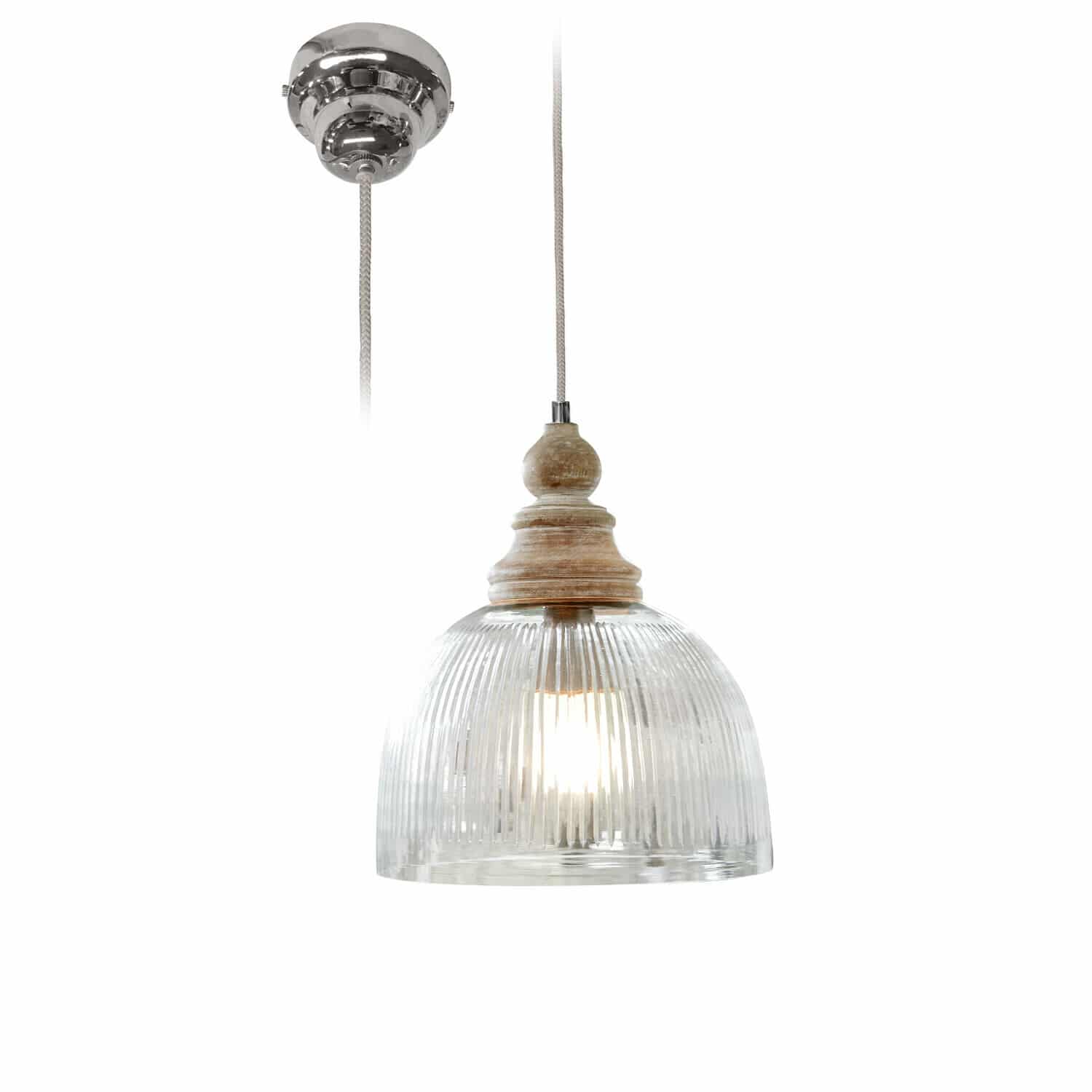 Suspension Lezáun Suspension en verre transparent cannelé avec bois naturel pour un éclairage intérieur élégant