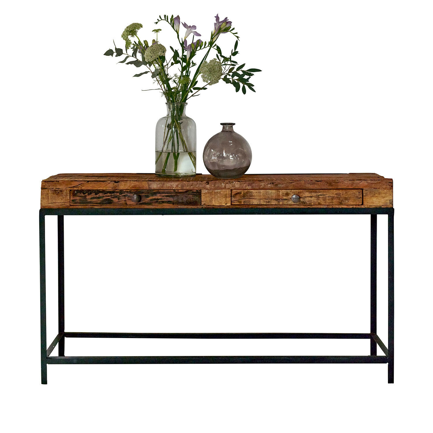 Console Rovino Console en bois et métal avec deux tiroirs, décorée d'un vase avec des fleurs fraîches