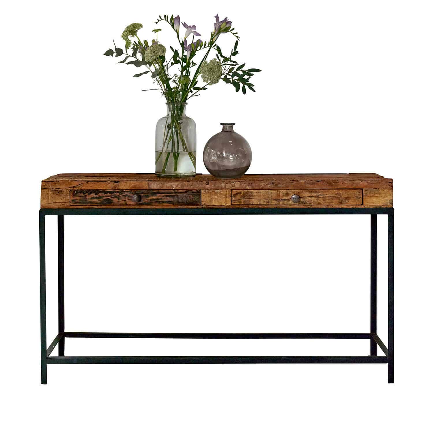 Console Rovino Console en bois et métal avec deux tiroirs, décorée d'un vase avec des fleurs fraîches