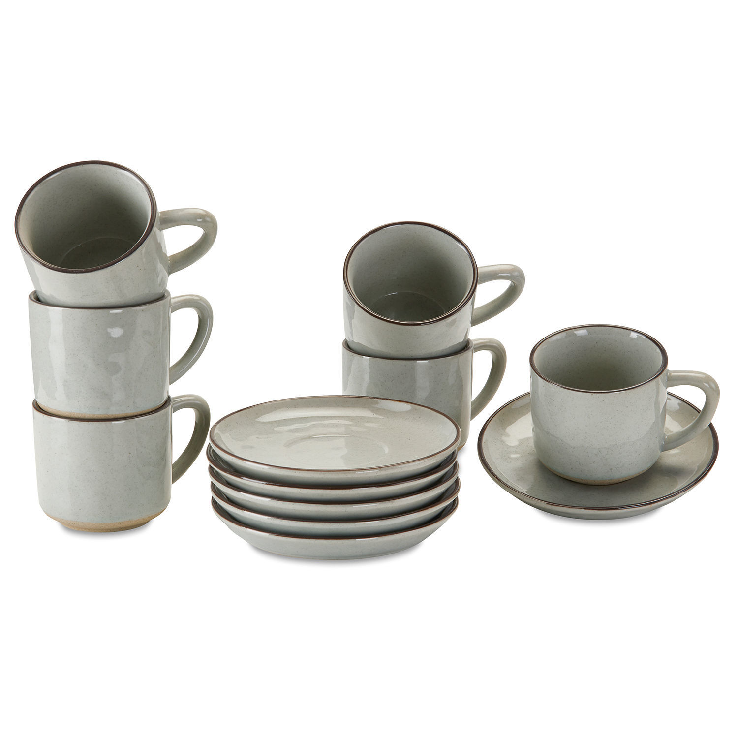 Kopje en schoteltje set van 6 Biarré Set grijze keramische kopjes en schotels met bruine rand voor koffie of thee