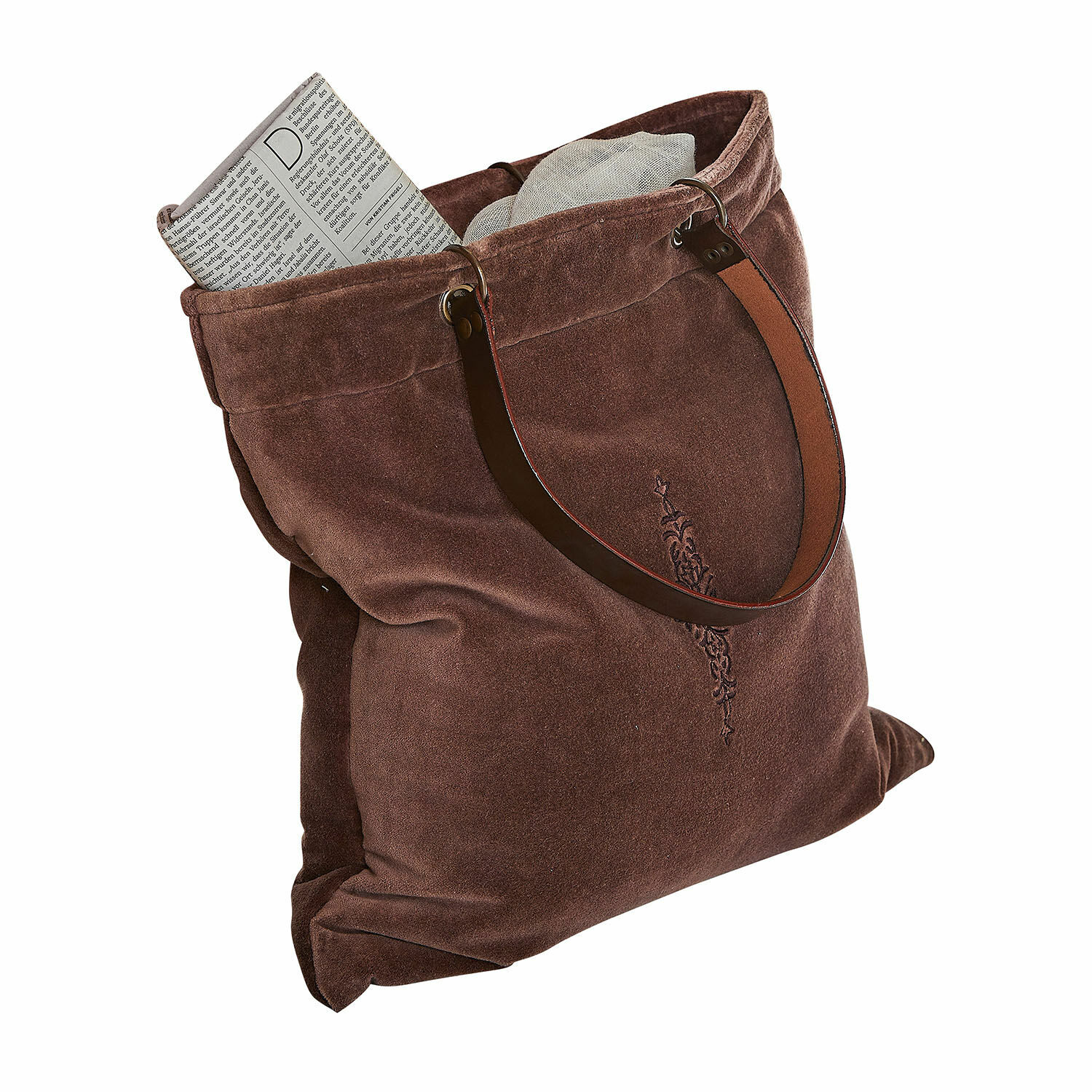 Tas Clarimonda Bruine suède tas met donkerbruine handvatten en krant erin, schoudertas