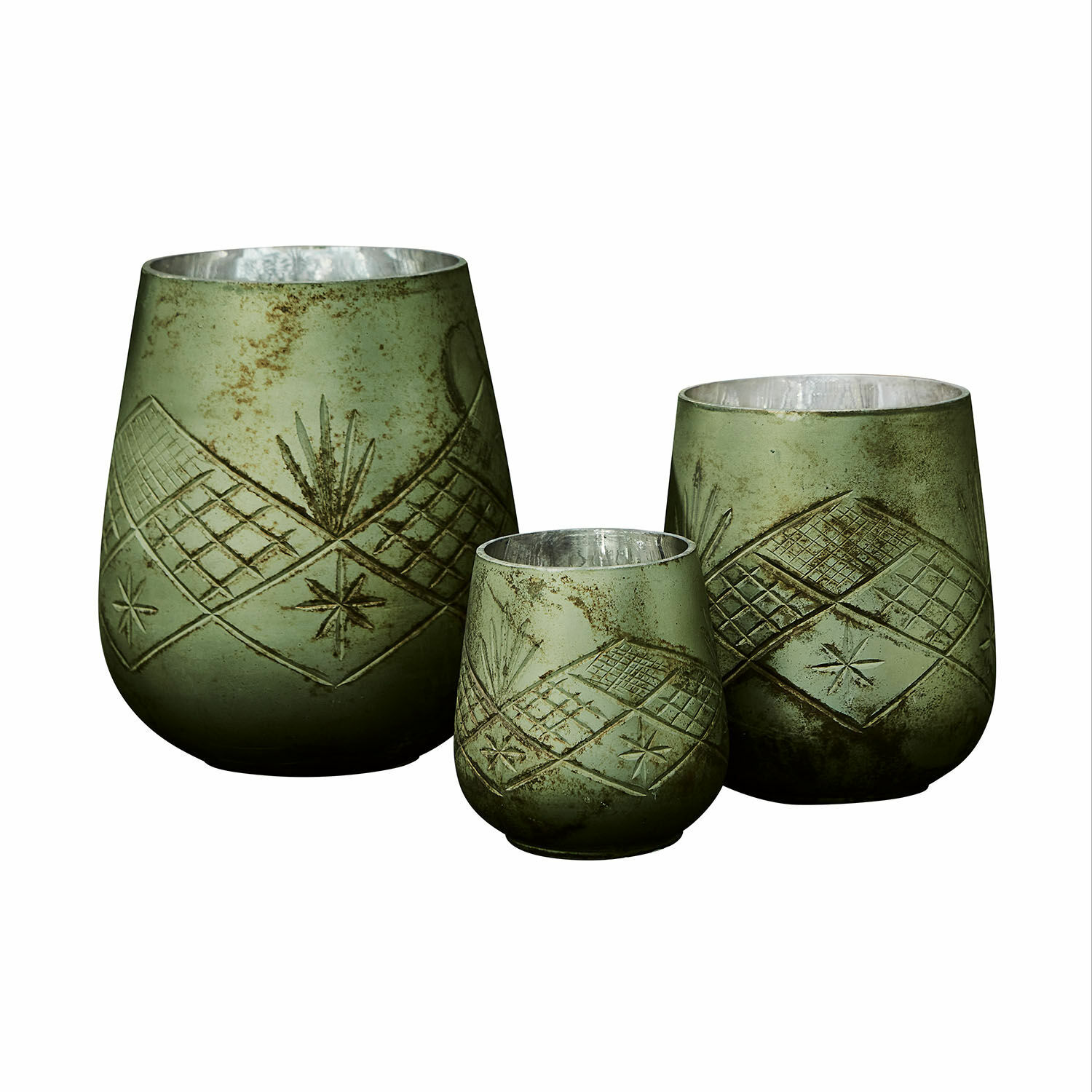Windlicht set van 3 Vitas Set van drie groene windlichten met metalen binnenkant en sterrenpatroon, woondecoratie