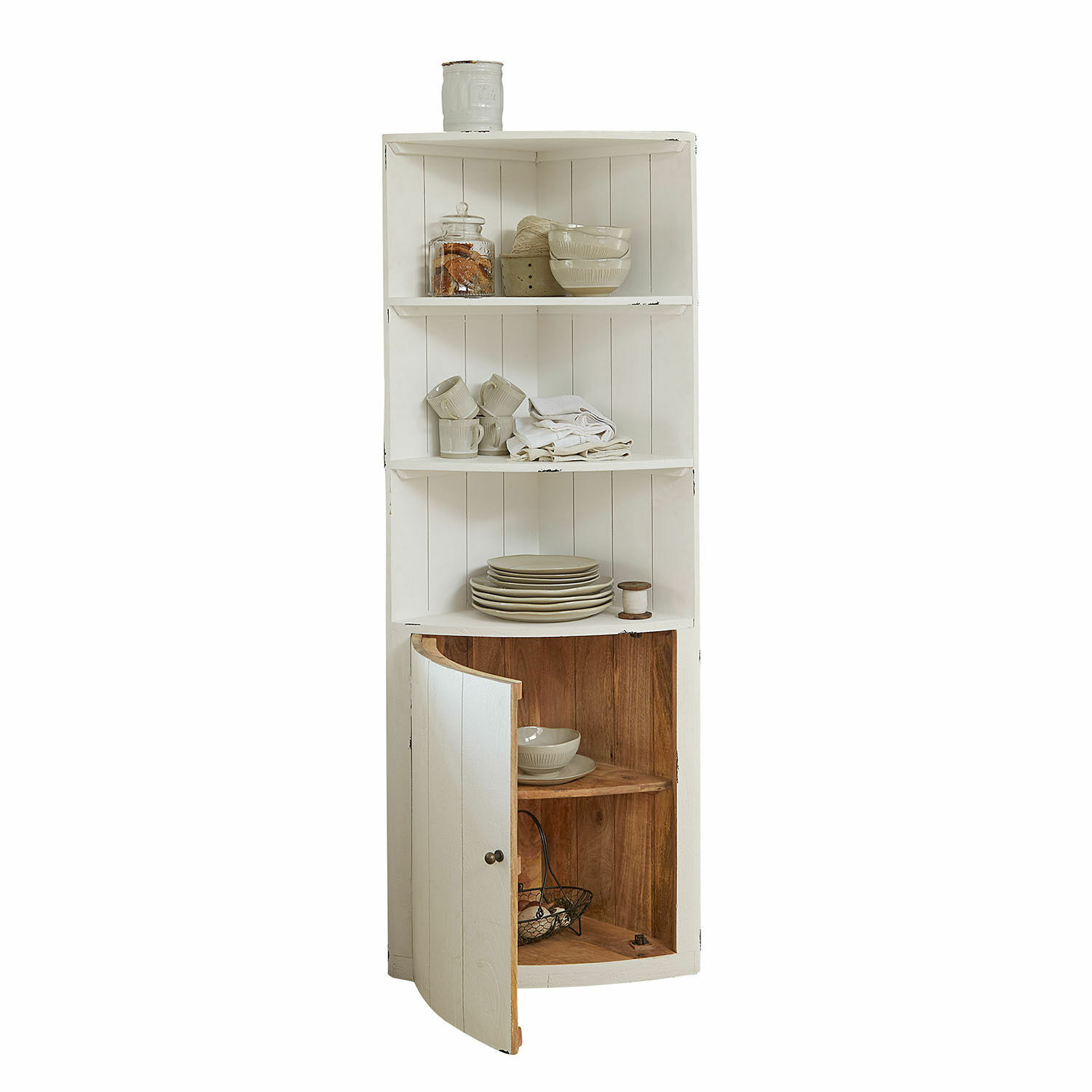 Hoekkast Emarive Witte houten hoekkast met planken en kastdeurtje, ideaal voor het opbergen van servies en decoratie