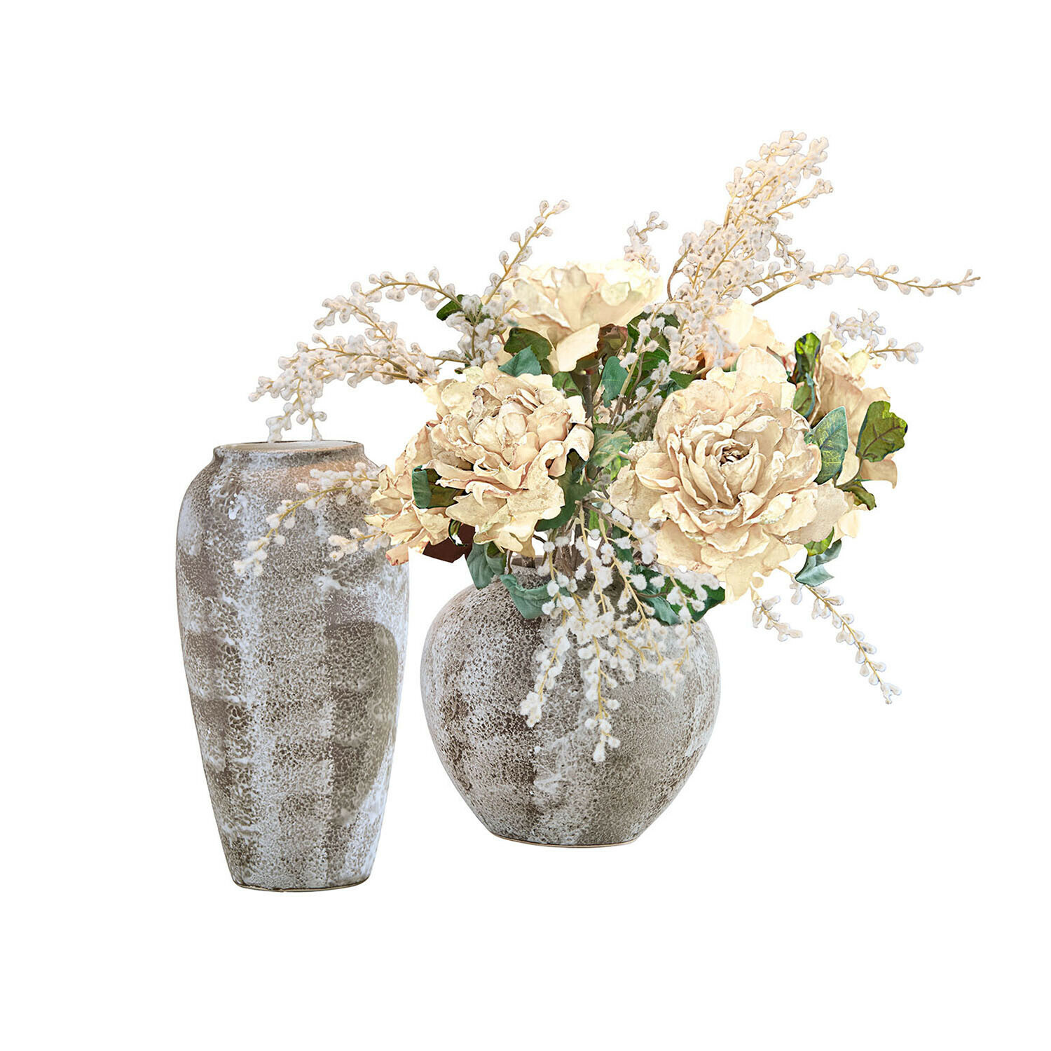 Vaas set van 2 Ciel d'Opale Twee grijze keramische vazen met crèmekleurige decoratieve bloemen voor interieurdecoratie
