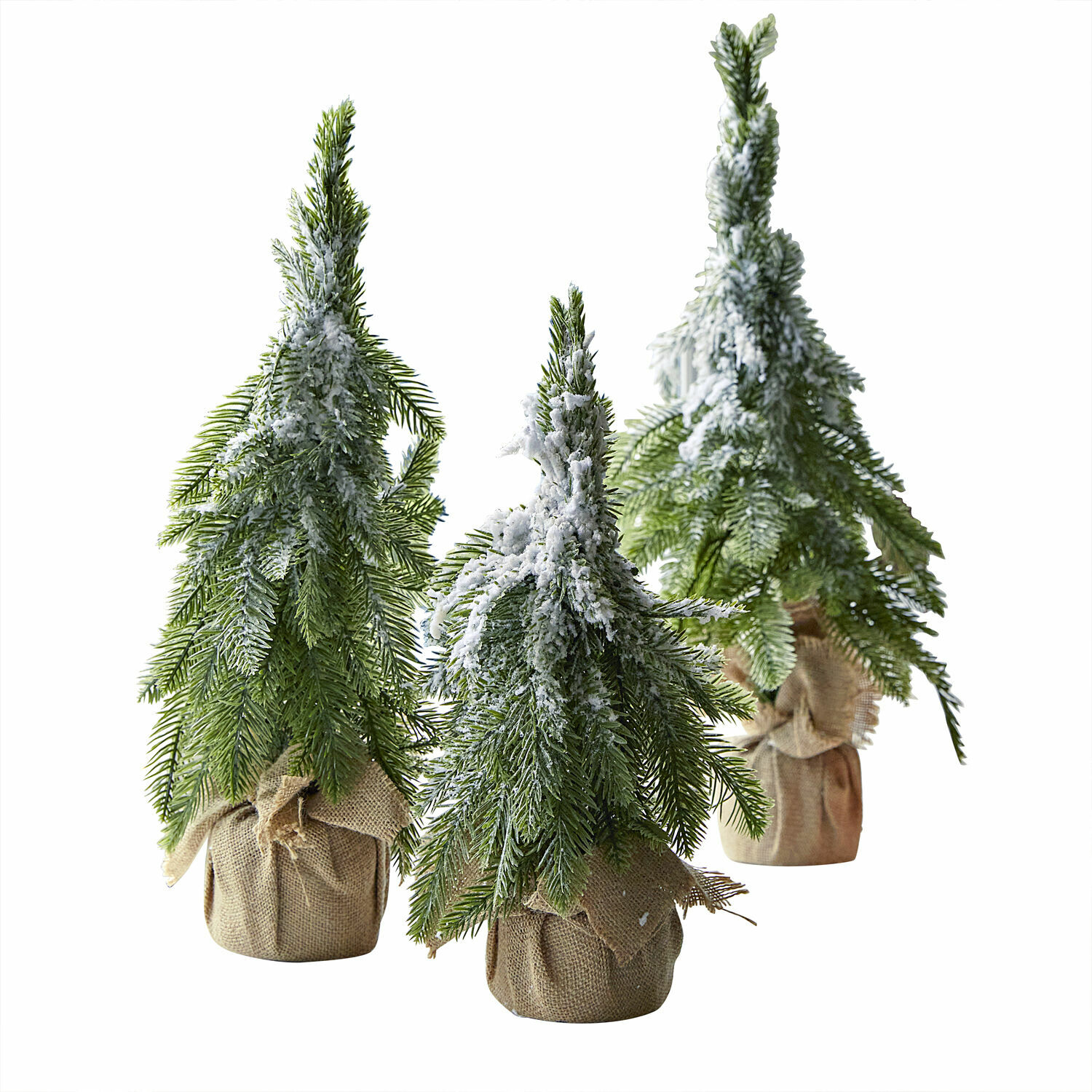 Sierboom set van 3 Selitor Drie kunstkerstbomen met groene naalden en witte sneeuw, verpakt in jute, kerstdecoratie