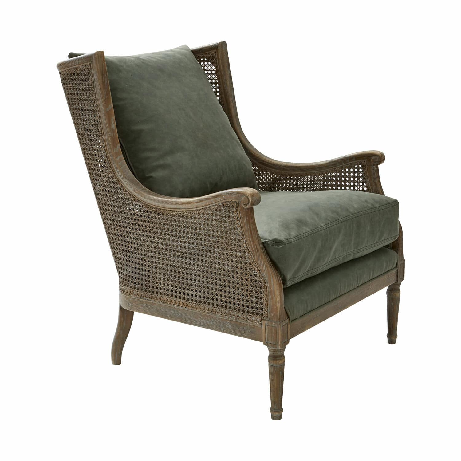 Fauteuil Greenbrier Fauteuil en bois et cannage avec coussins verts en tissu doux pour salon élégant