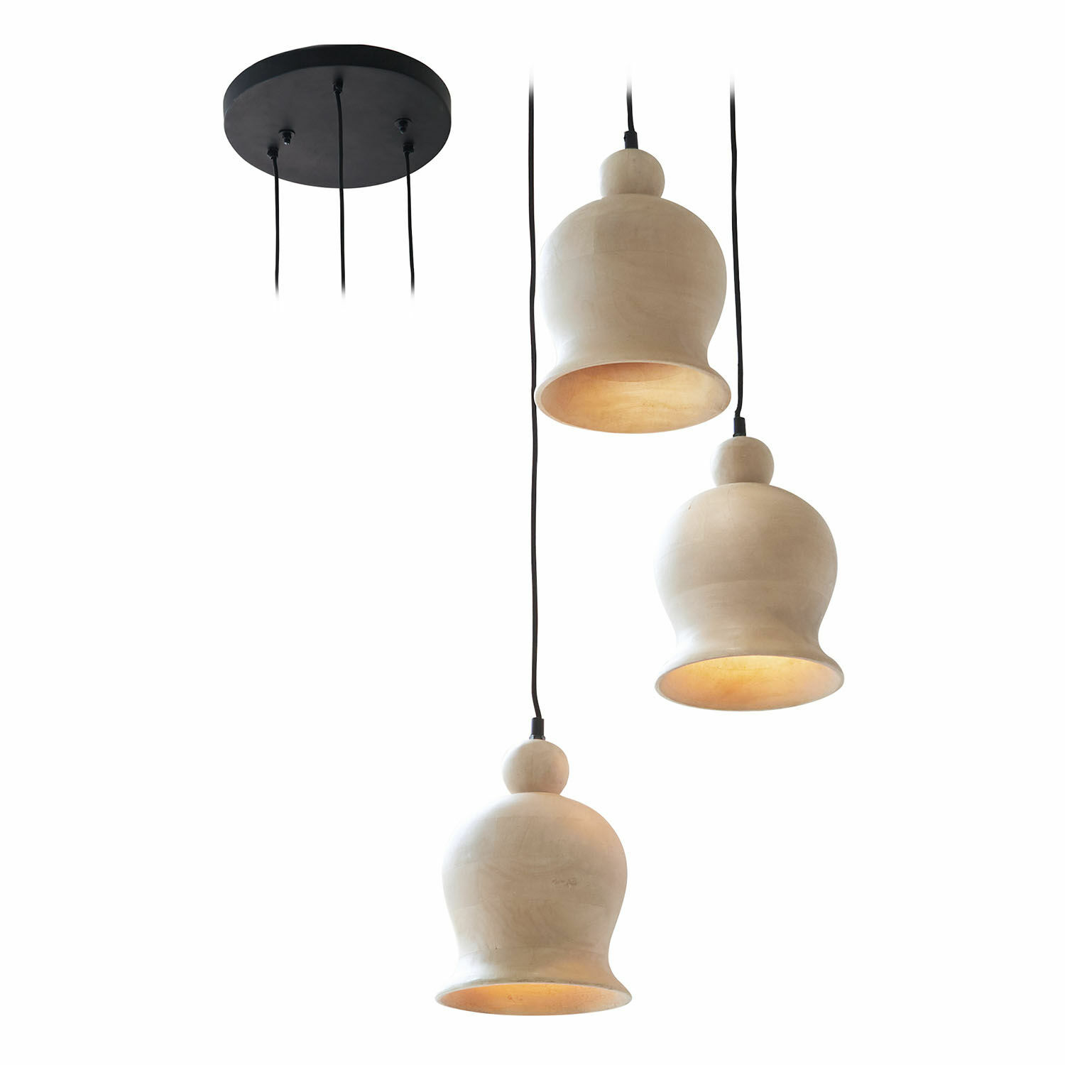 Hanglamp Ziravet Drie hanglampen van beige keramiek met zwarte snoeren en ronde zwarte plafondplaat