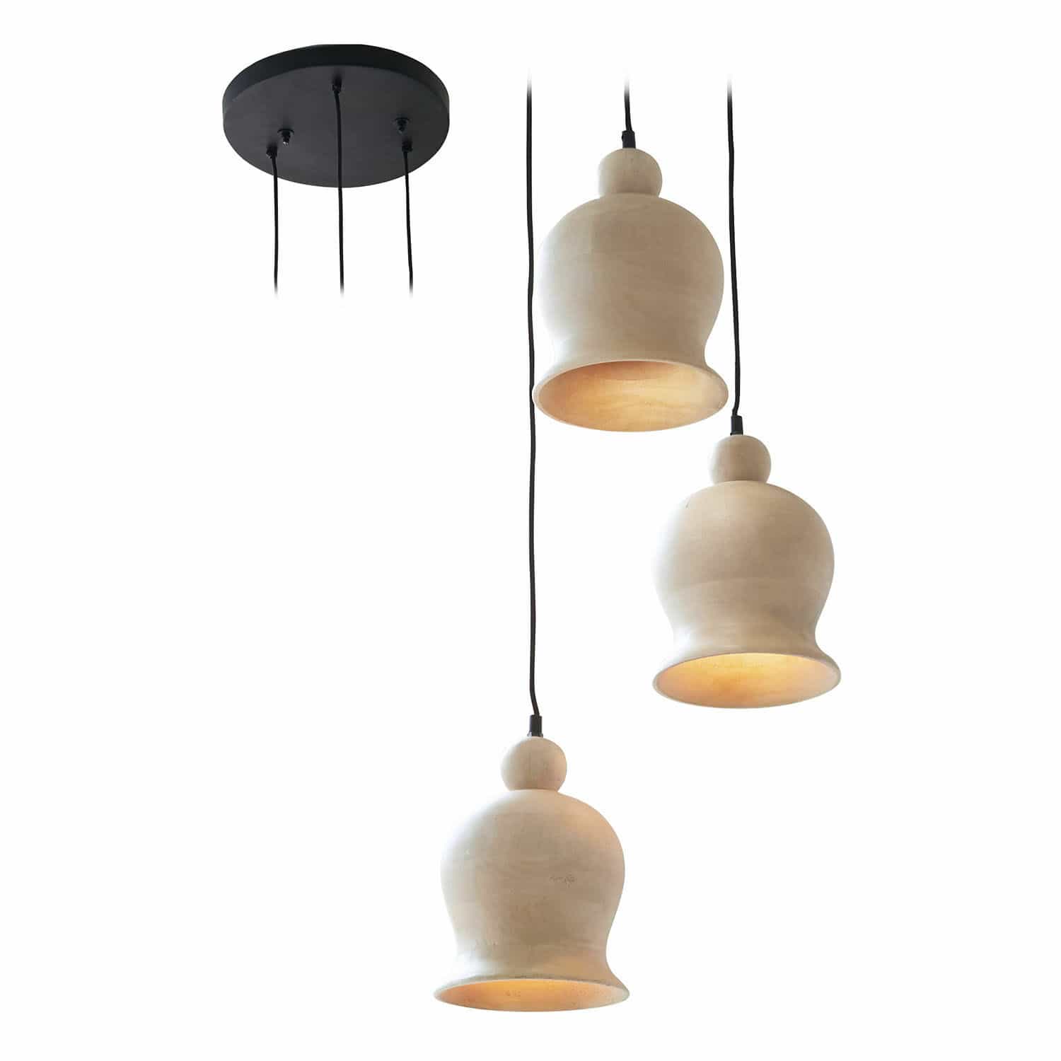 Suspension Ziravet Trois suspensions en céramique beige avec câbles noirs et base de plafond ronde noire