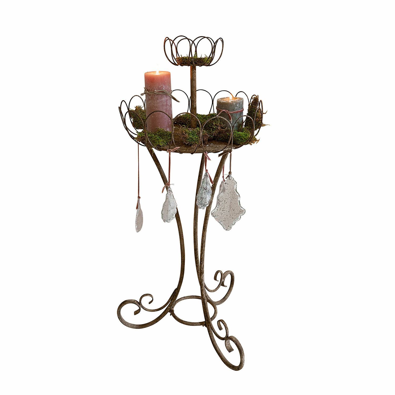 Sierstandaard Mélissant Metalen staande kandelaar met decoratieve hangers en twee kaarsen in roze en grijs