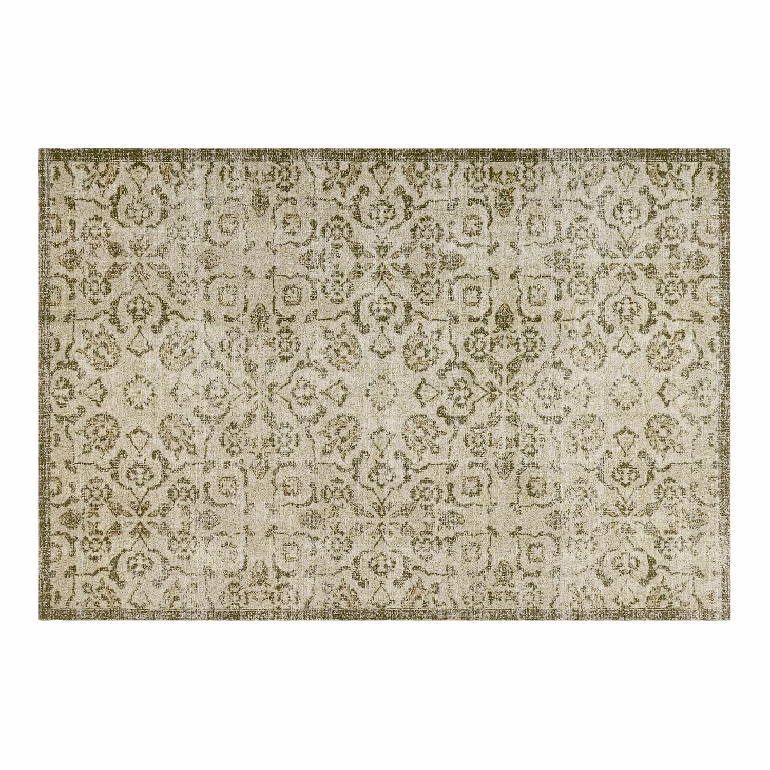Tapis Calperino Tapis à motif vintage beige et vert, matière douce, décoration intérieure élégante