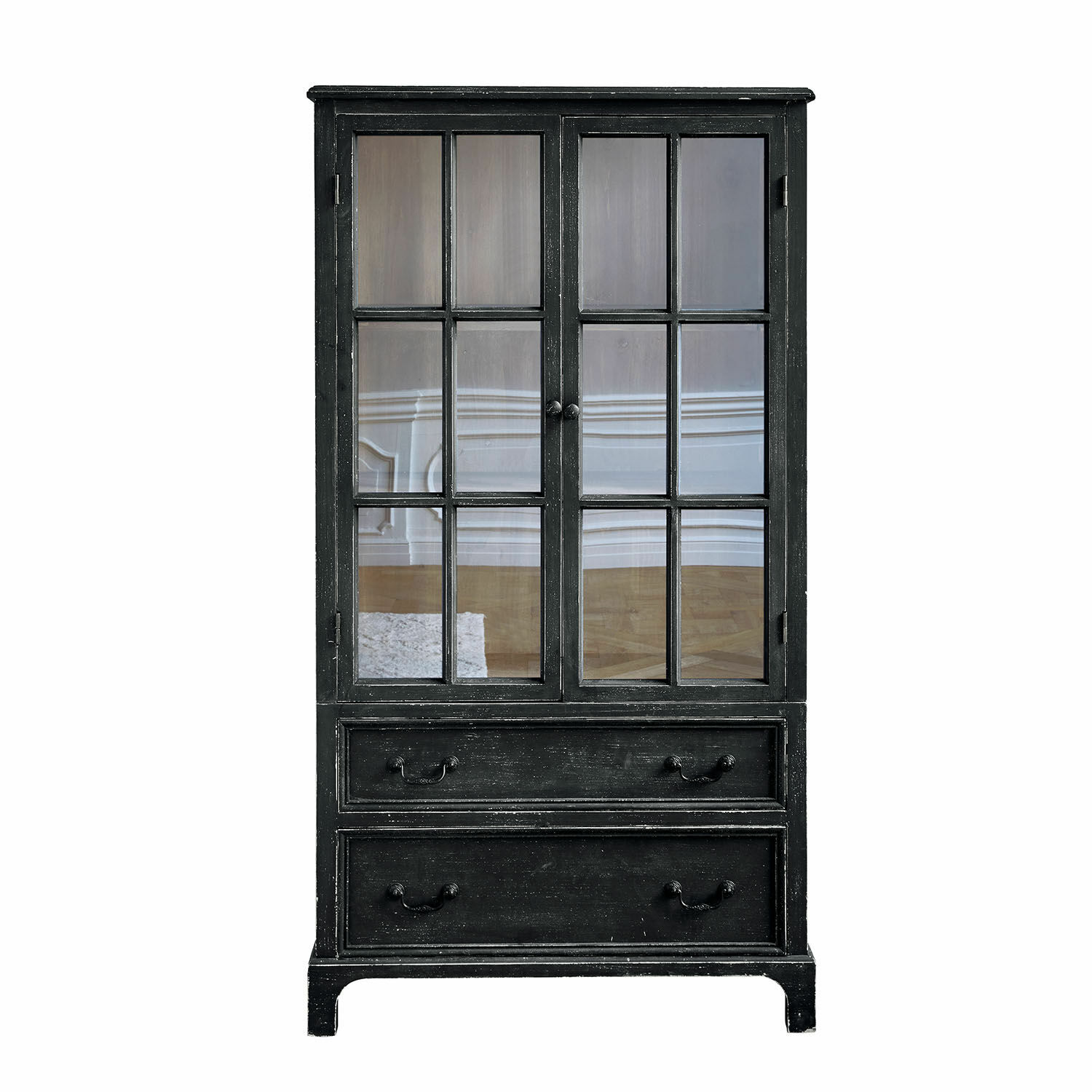 Armoire noire en bois Jarrowfield avec portes vitrées et deux tiroirs, meuble de salon élégant
