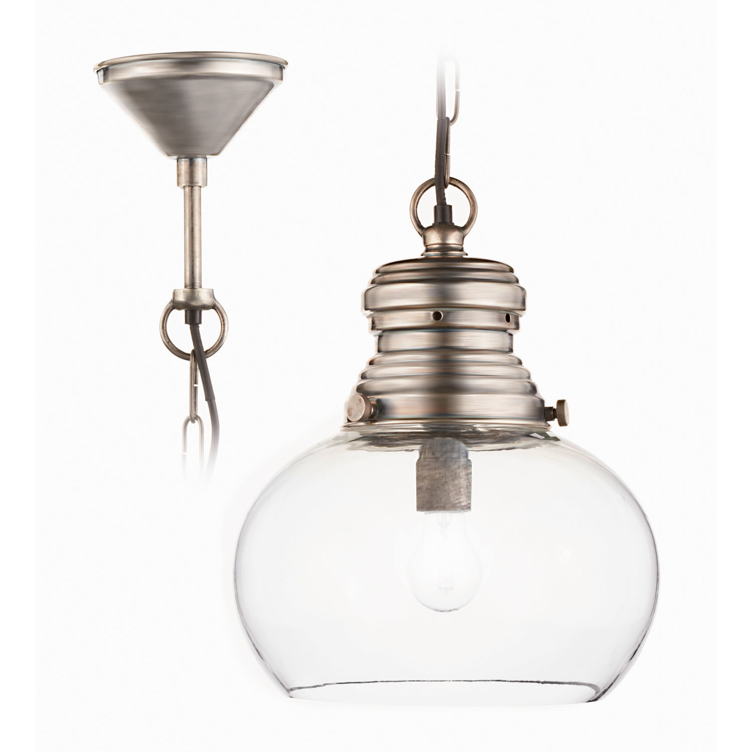 Hanglamp Jule Glazen hanglamp met zilveren metalen kap en doorzichtige bol voor binnenverlichting