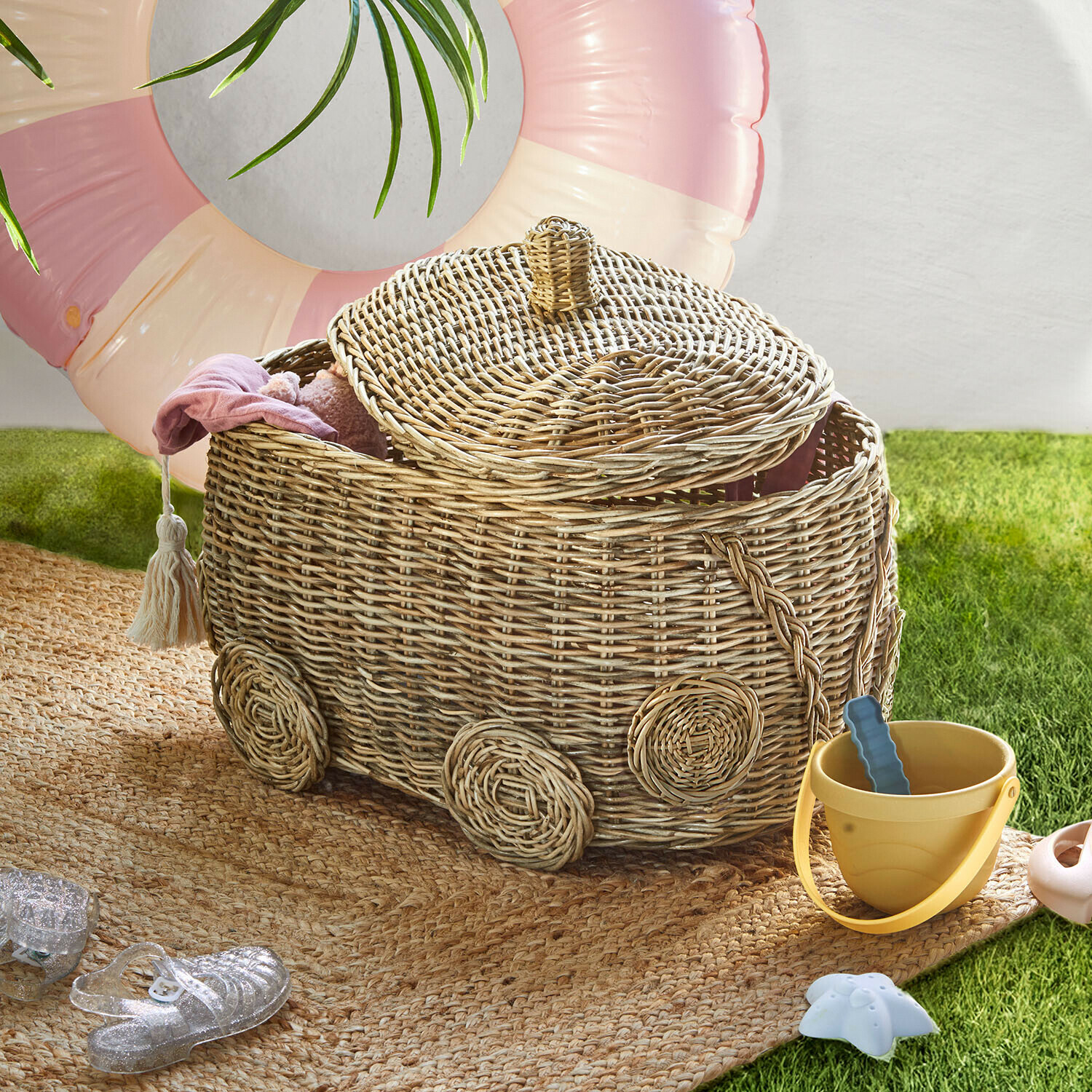 Automand Jibboo Opbergmand van natuurlijk riet in autovorm, decoratie en organisatie voor kinderkamer
