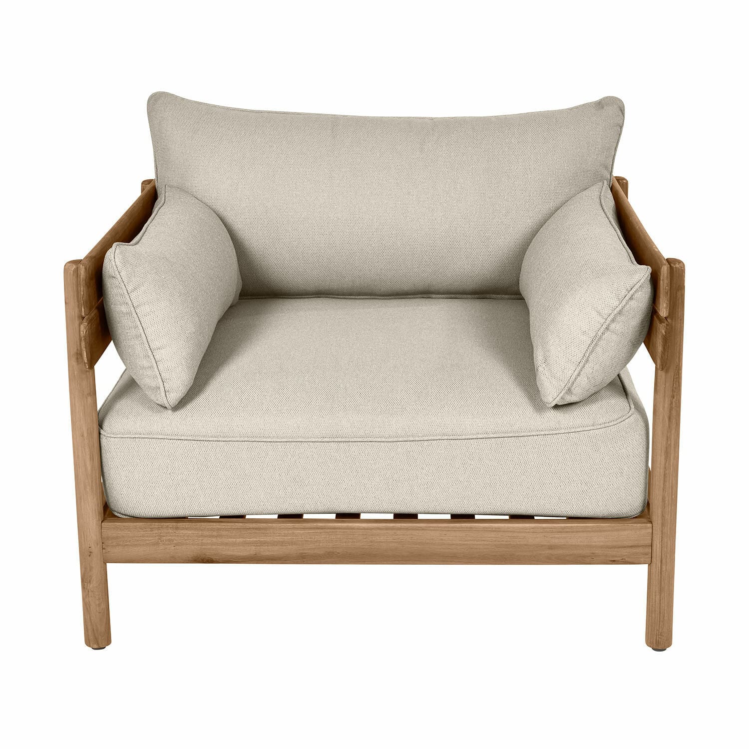 Fauteuil Montivaux en bois FSC brun avec coussins gris en tissu, siège confortable pour salon moderne