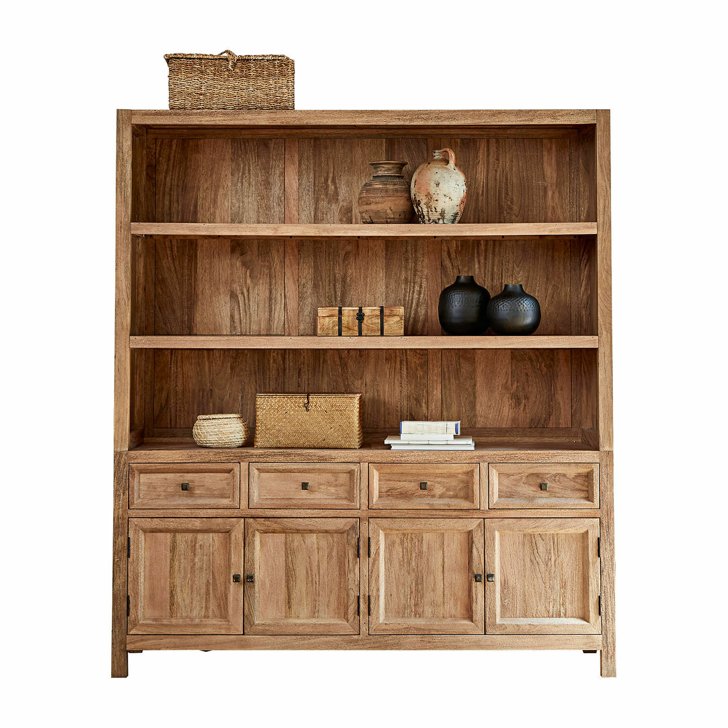 Kast New Bedford Houten kast in natuurlijke kleur met planken, lades en decoratieve manden en vazen