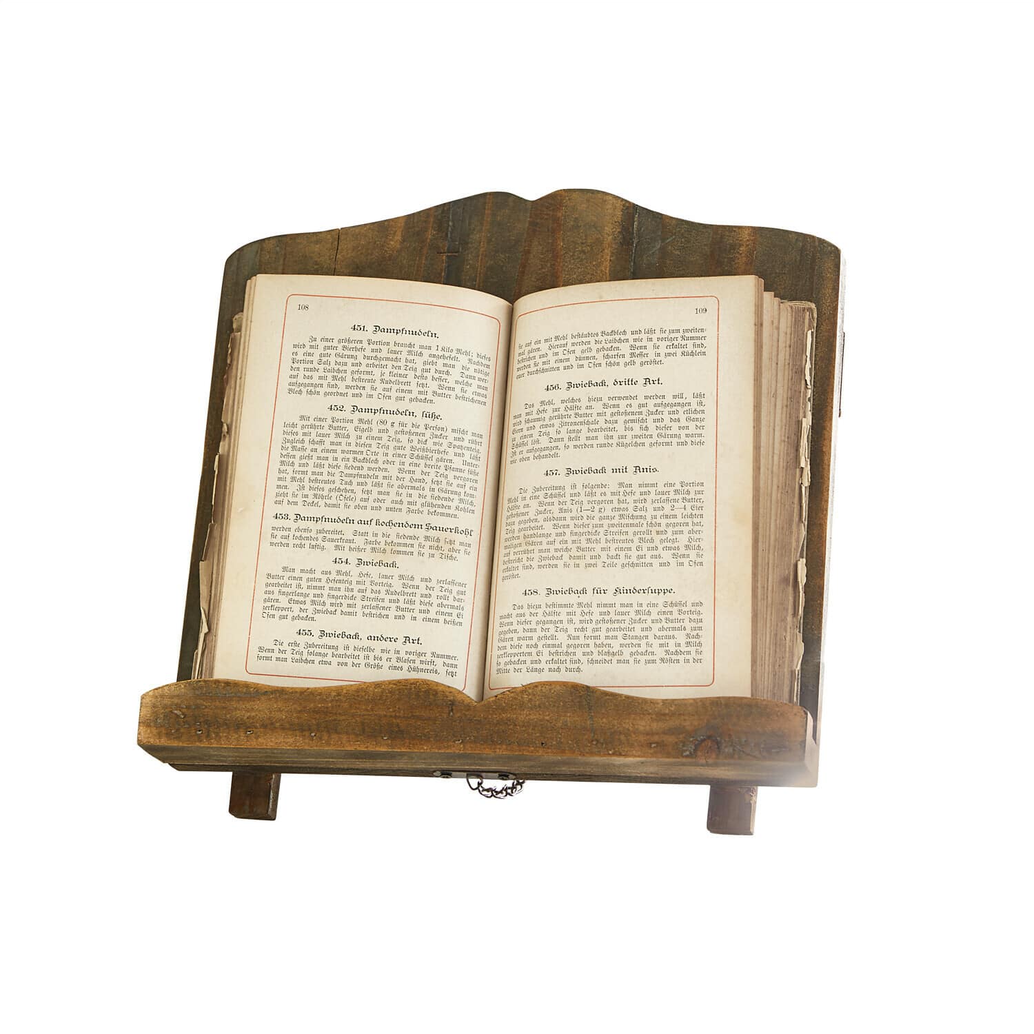 Porte-livre Mags Porte-livre en bois brun avec un vieux livre de cuisine ouvert posé dessus
