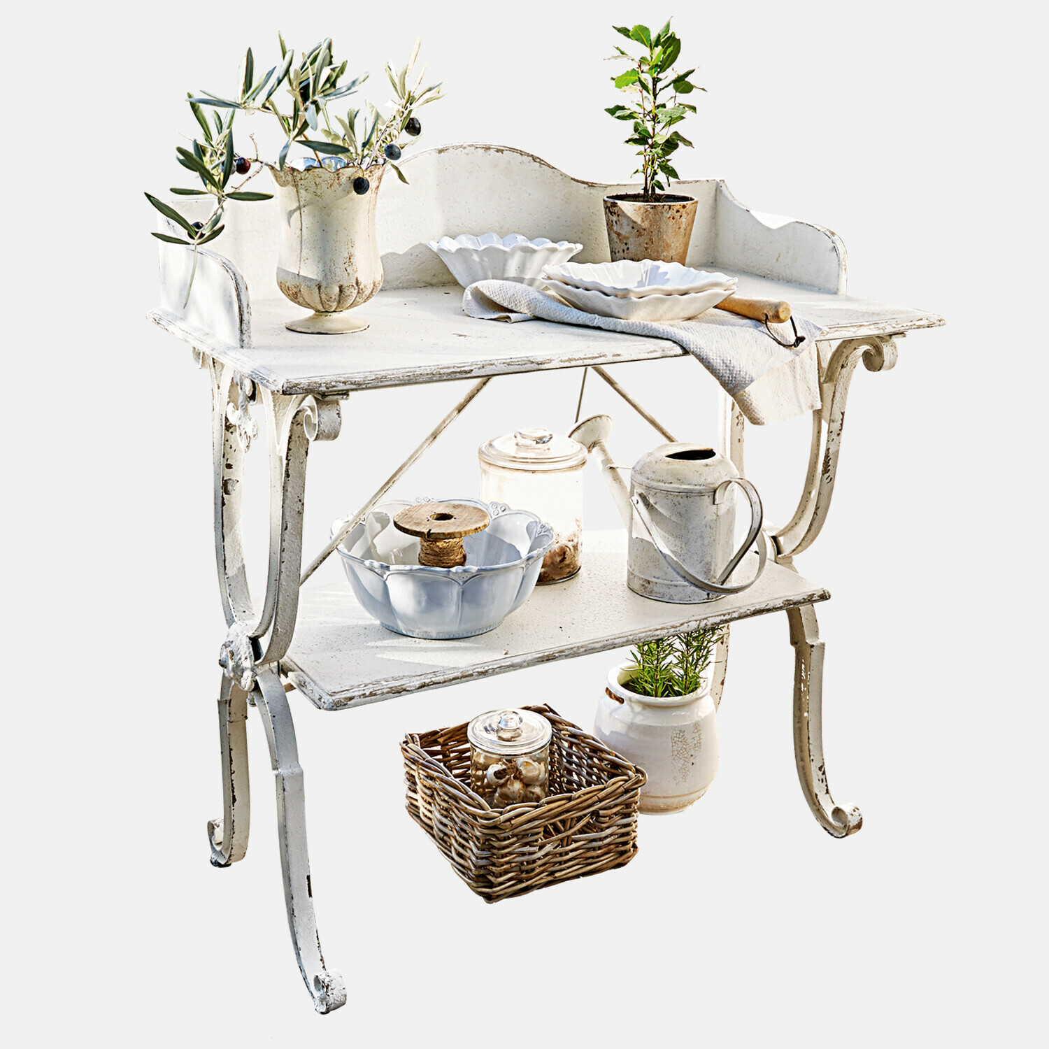 Table de rempotage Cornell Table de jardin en métal blanc avec vaisselle décorative et plantes, style vintage