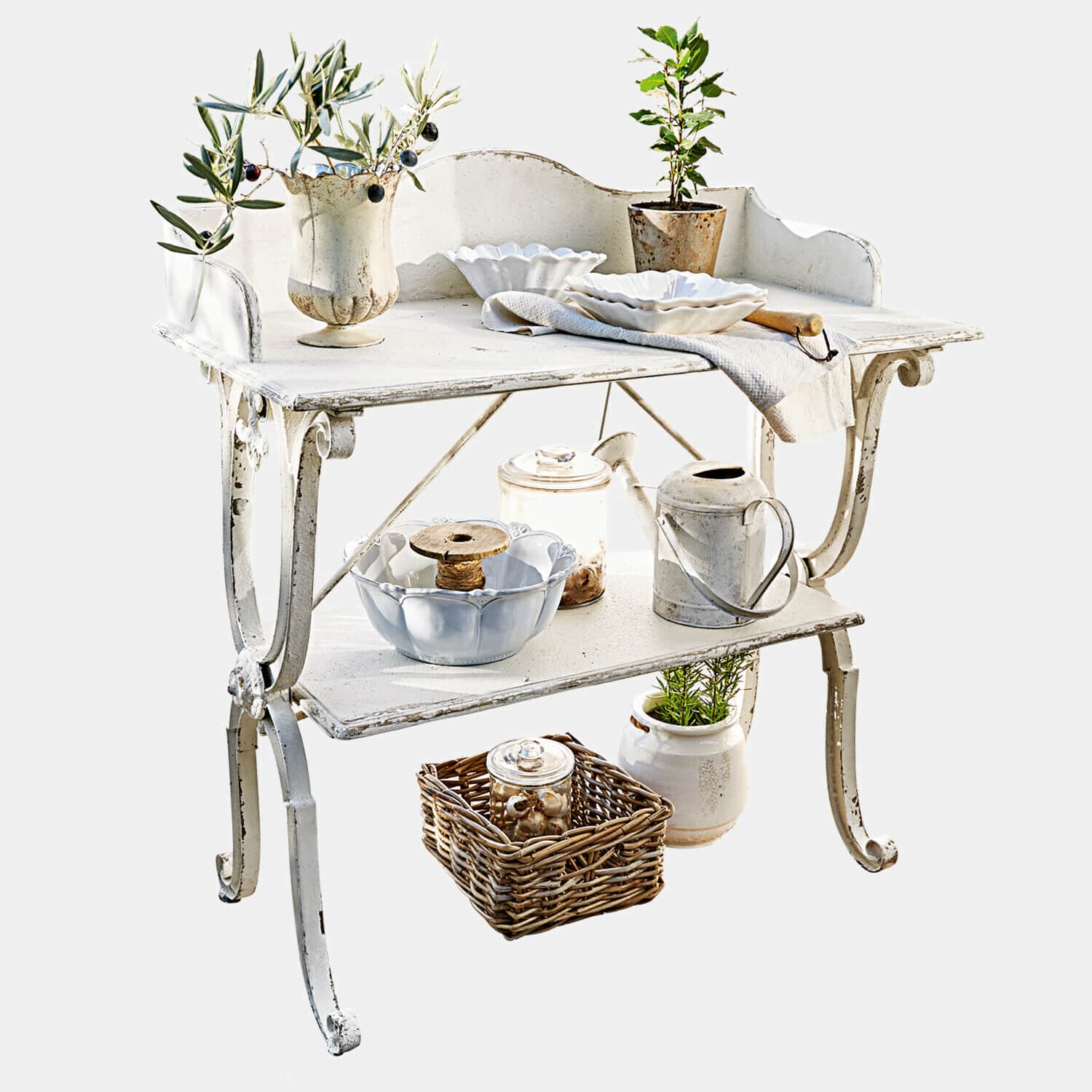 Table de rempotage Cornell Table de jardin en métal blanc avec vaisselle décorative et plantes, style vintage