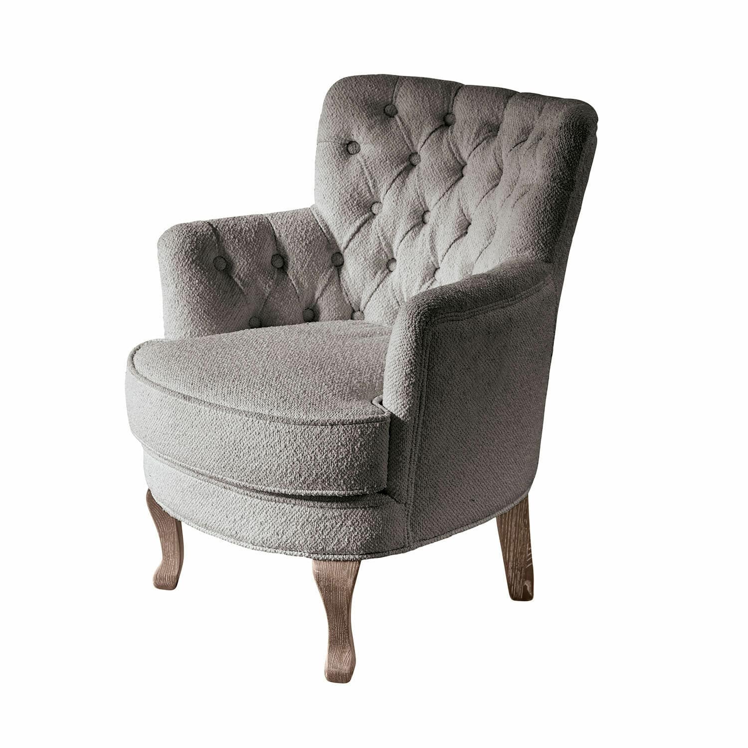Fauteuil Calgary Grijze stoffen fauteuil met gestoffeerde rugleuning en houten poten voor woonkamer