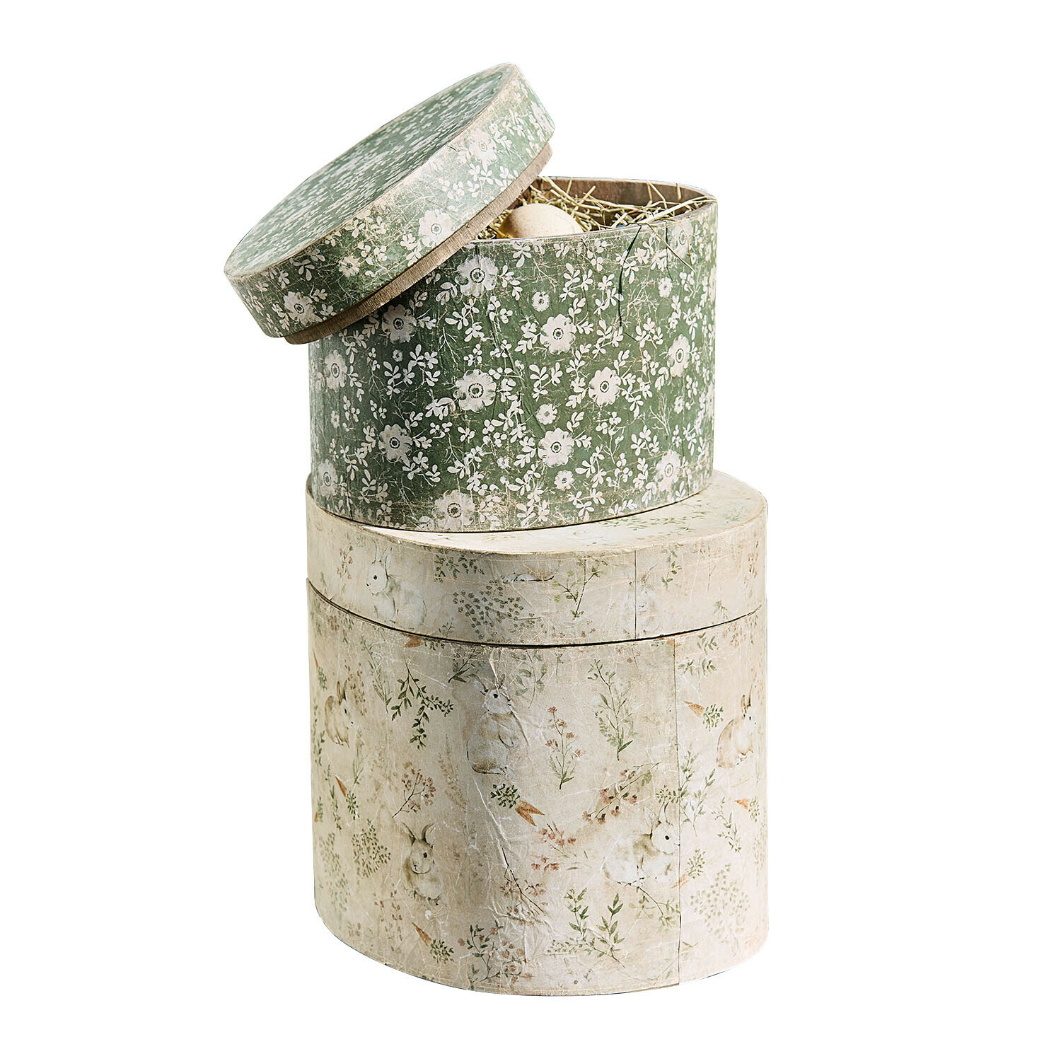 Doosje set van 2 Puddlebrook Set van twee ronde papieren dozen met bloemen- en konijnenmotief in groen en beige als decoratie