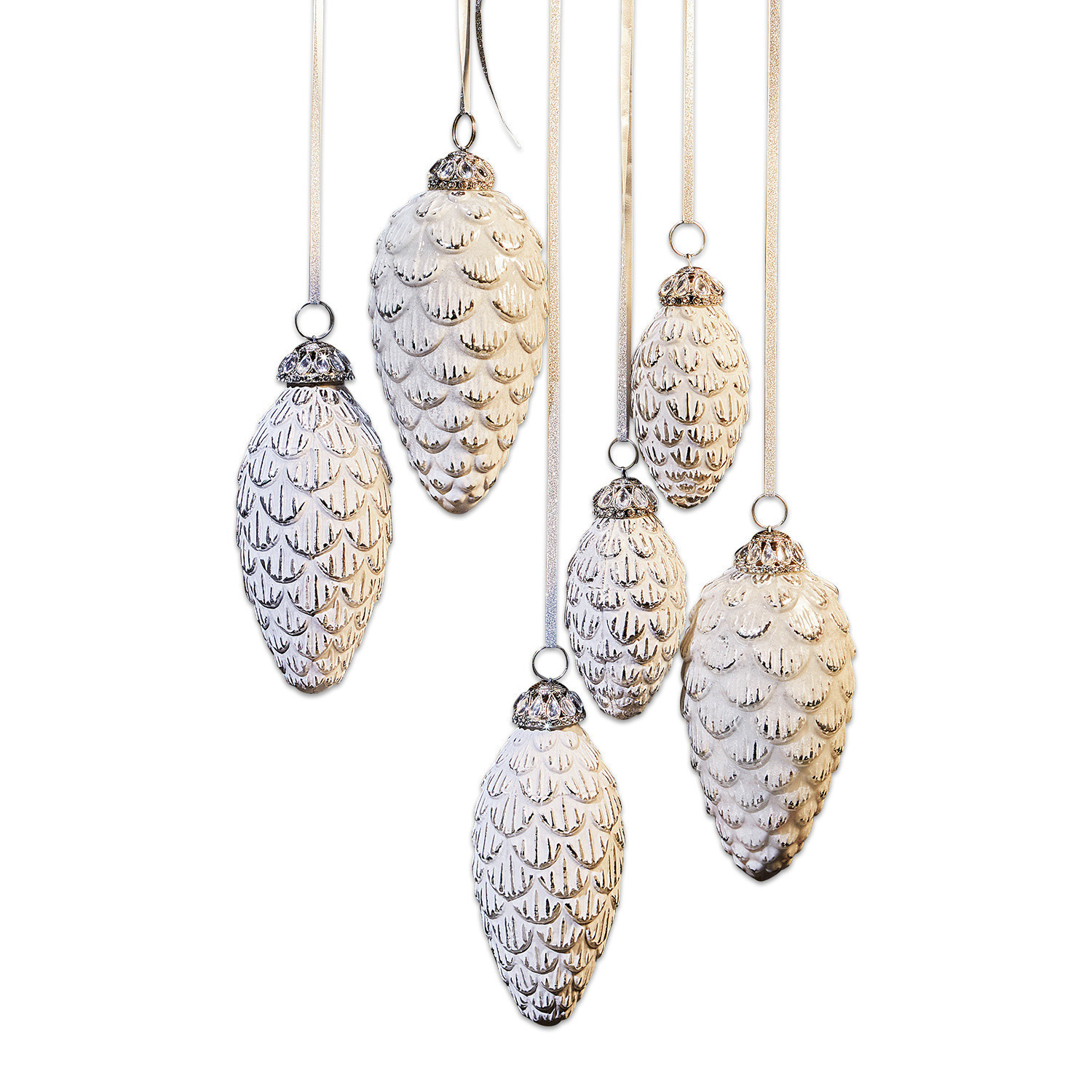 Lot de 6 décorations de Noël Éva Ensemble de décorations pommes de pin blanches avec détails argentés pour décoration de Noël