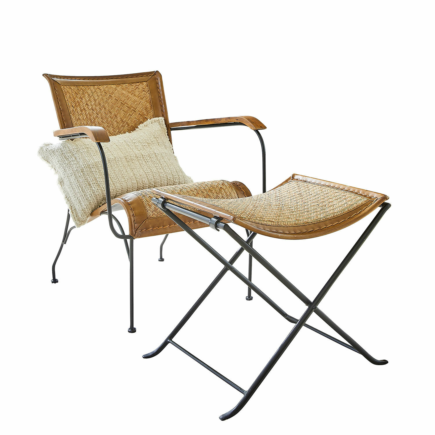 Stoel met hocker Dauvron Stoel met voetenbankje van rattan en metaal in bruin en zwart, comfortabel voor woonkamer