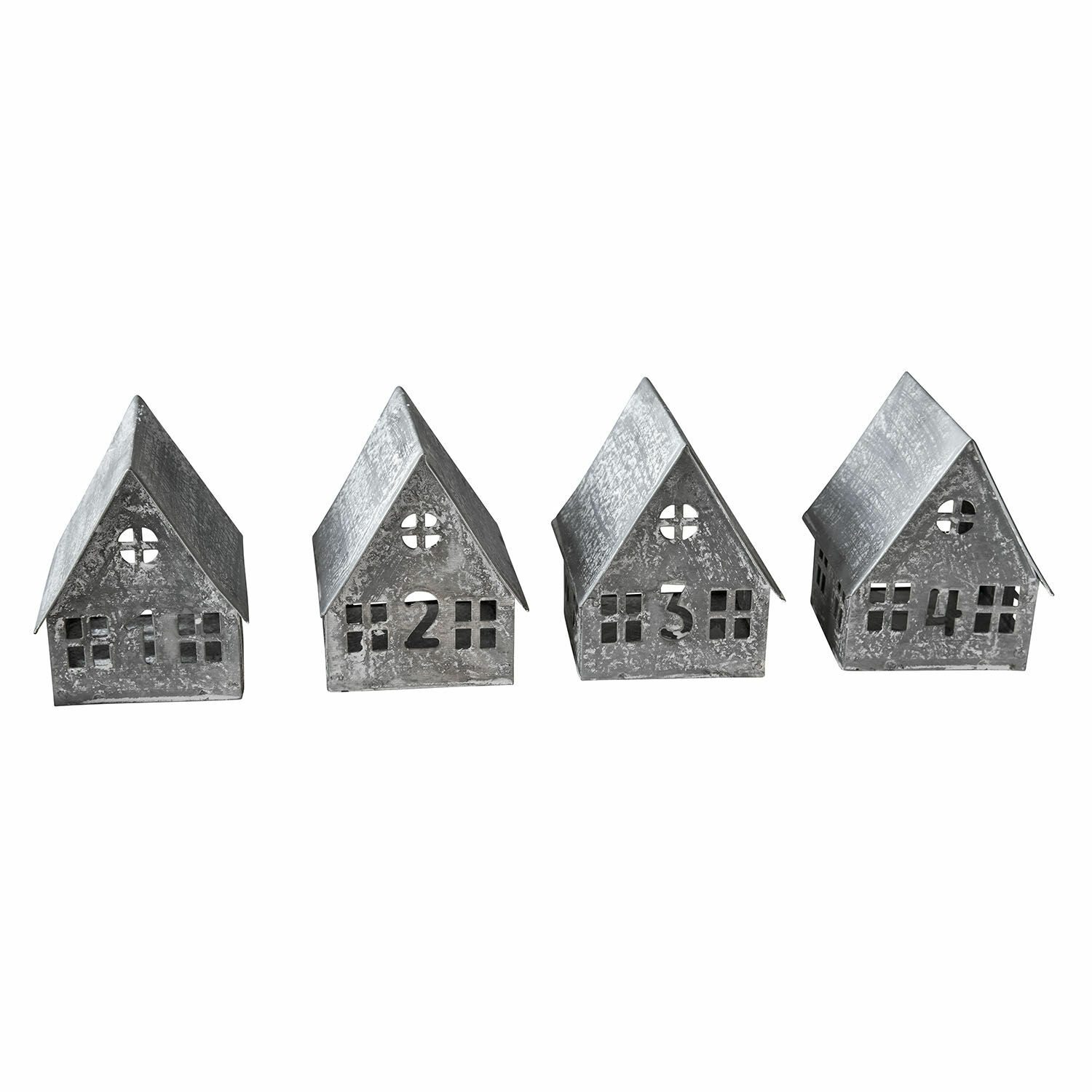 Windlichtje set van 4 Ivolere Set van vier grijze metalen huisjes met nummers 1 tot 4 als decoratie voor binnen