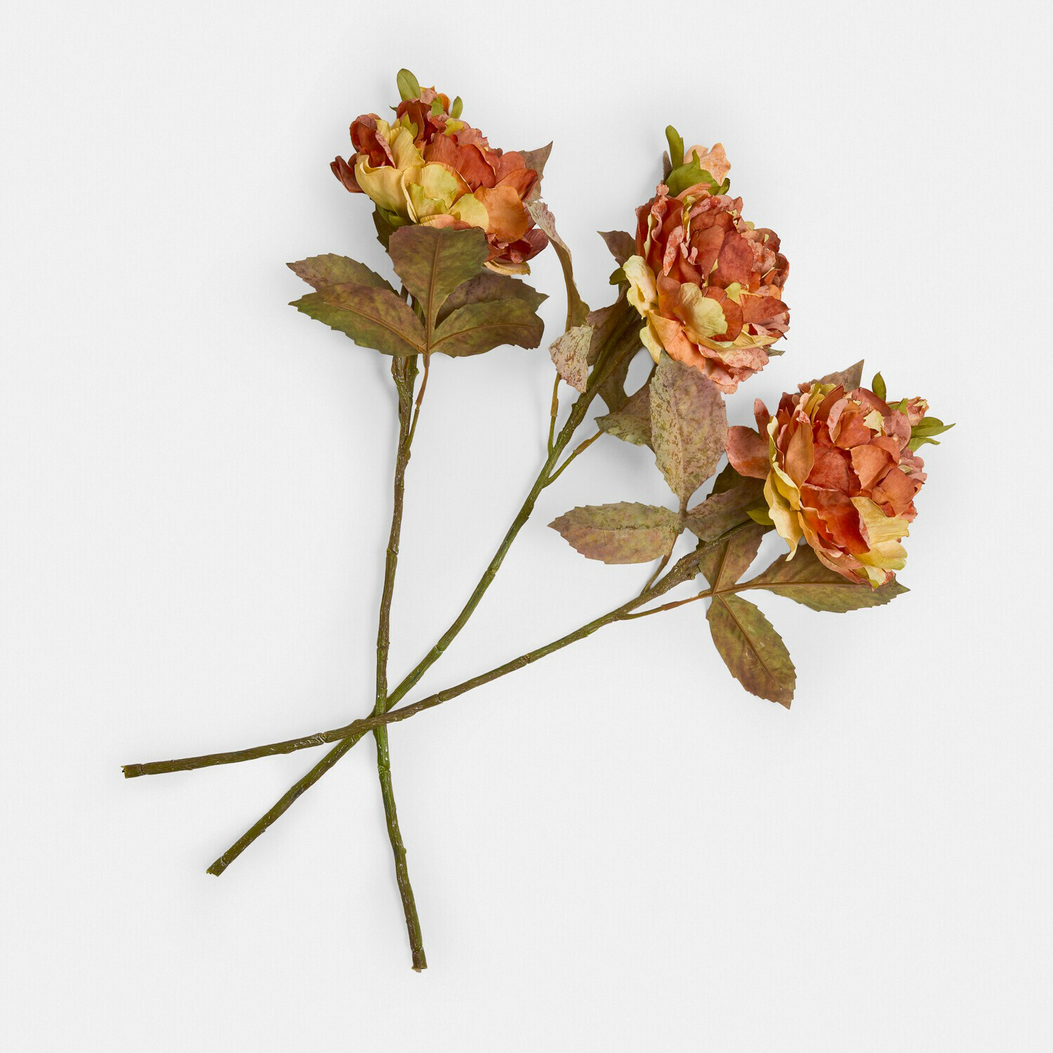 Lot de 3 fleurs décoratives Ambrayelle Trois fleurs artificielles orange et jaune avec feuilles vertes sur fond blanc