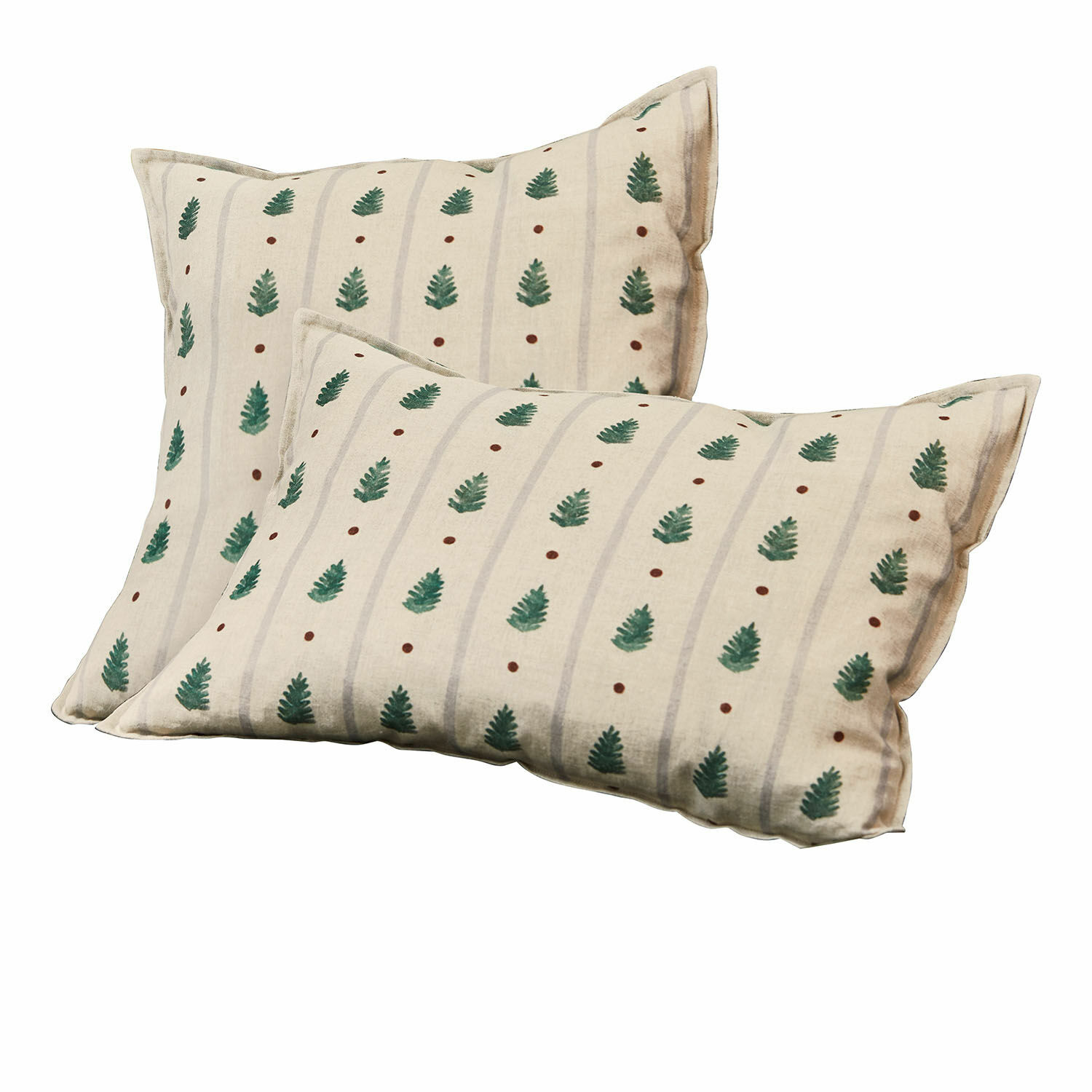 Lot de 2 housses de coussins Emily Ensemble de deux coussins en coton crème avec motif feuilles vertes et points marron pour décoration intérieure