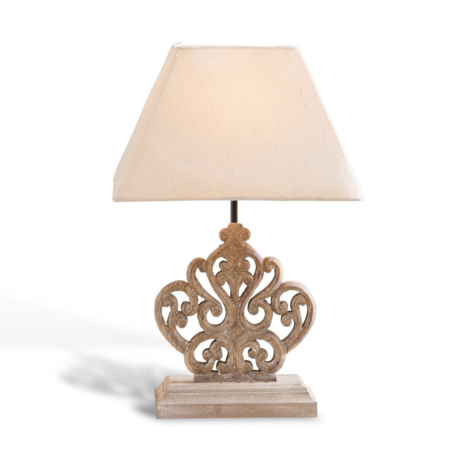 Tafellamp Tamee Tafellamp met beige kap en gesneden houten voet in vintage stijl voor interieurdecoratie