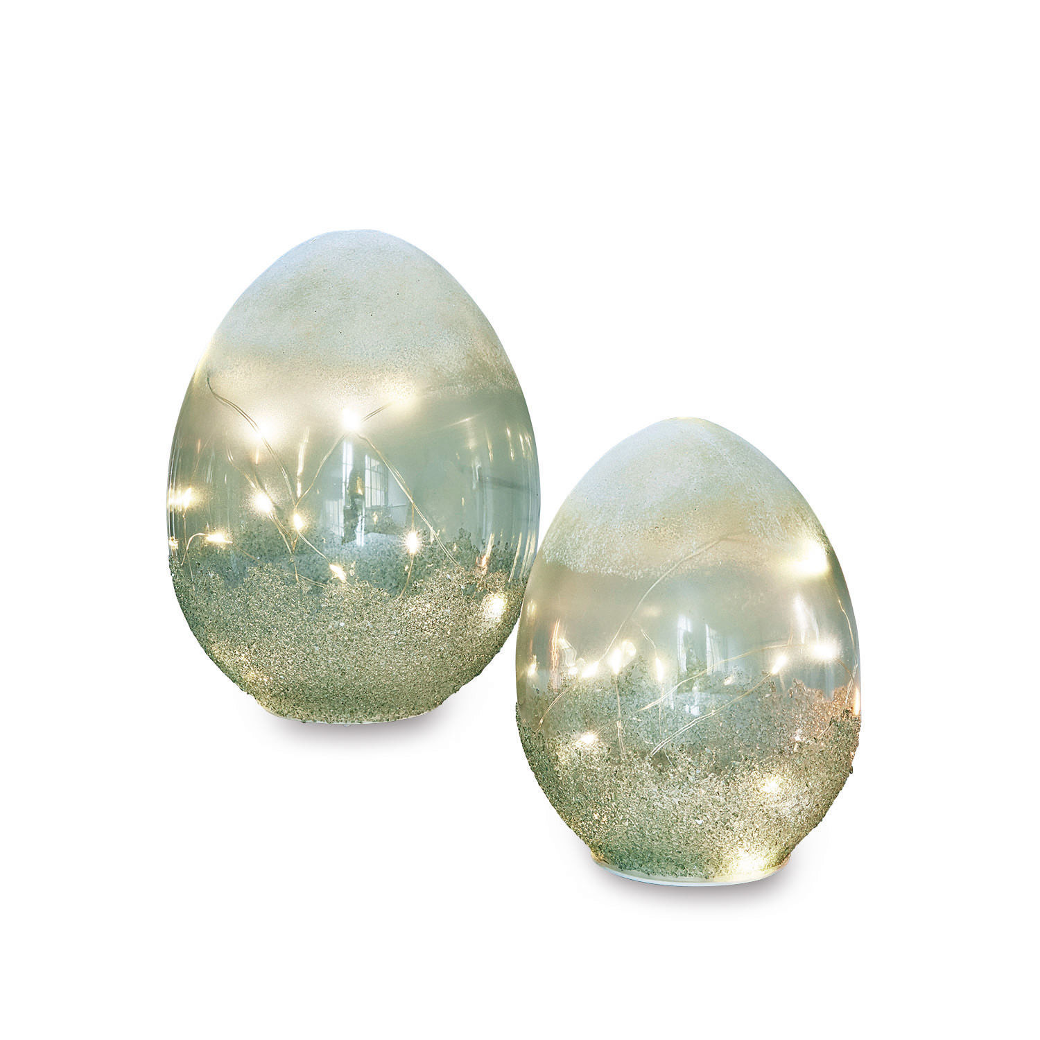 Lot de 2 œufs à LED Borleos Décorations en verre en forme d'œufs avec éclairage LED doux et effet pailleté argenté