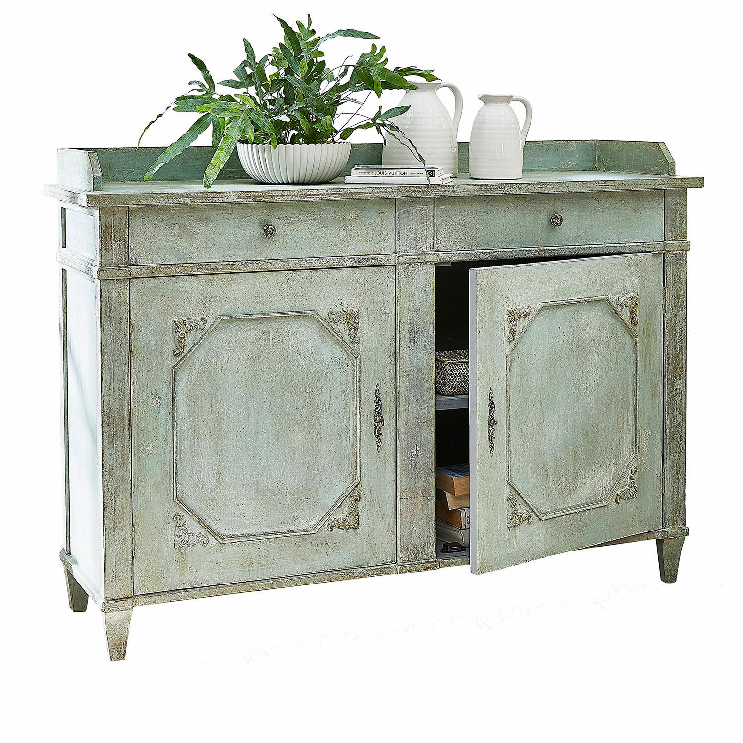 Kastje Mervelique Groene houten dressoir met twee lades en decoratieve deuren voor stijlvolle opbergruimte