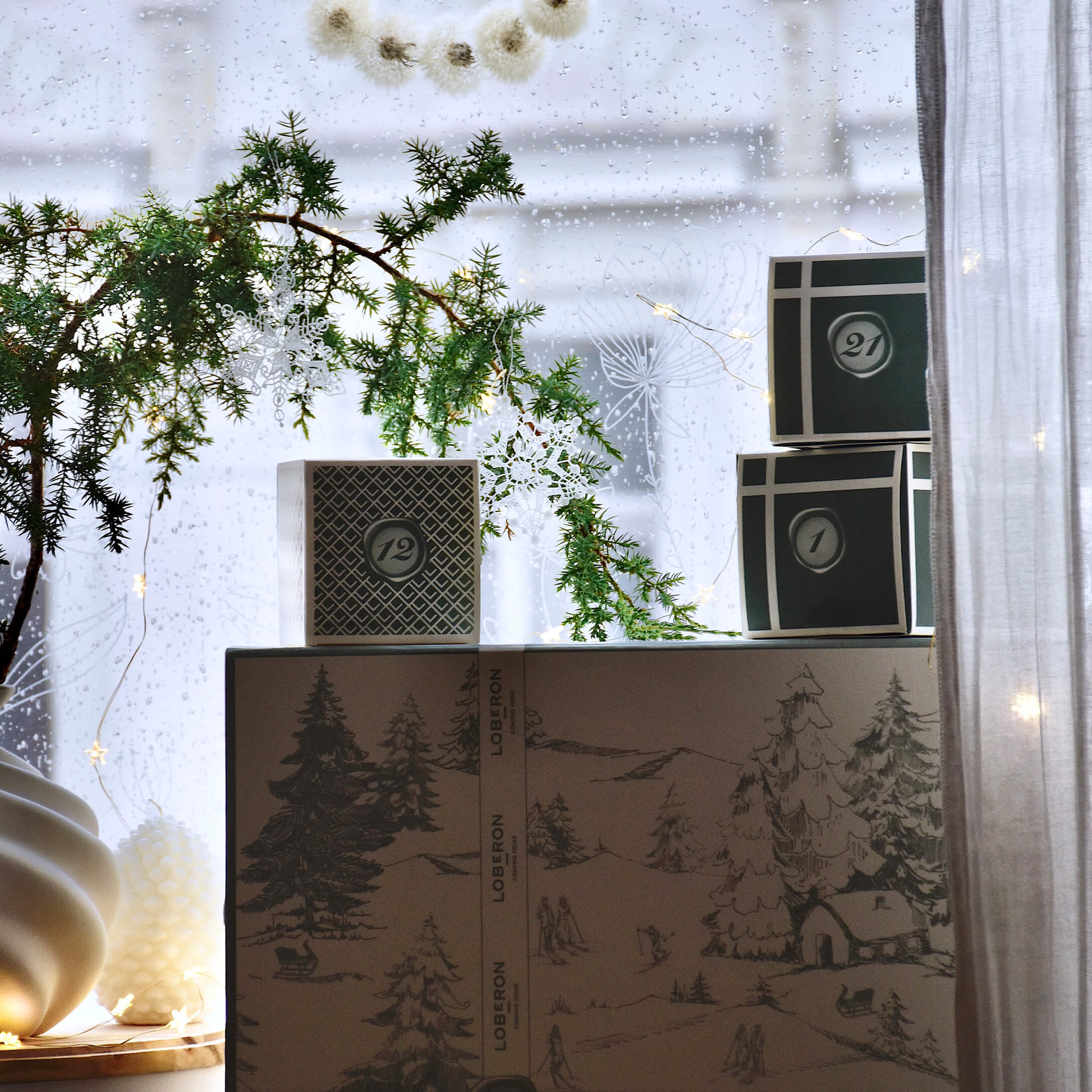 Boîtes décoratives avec motif hivernal et branche verte ornée de flocons blancs devant une fenêtre pluvieuse