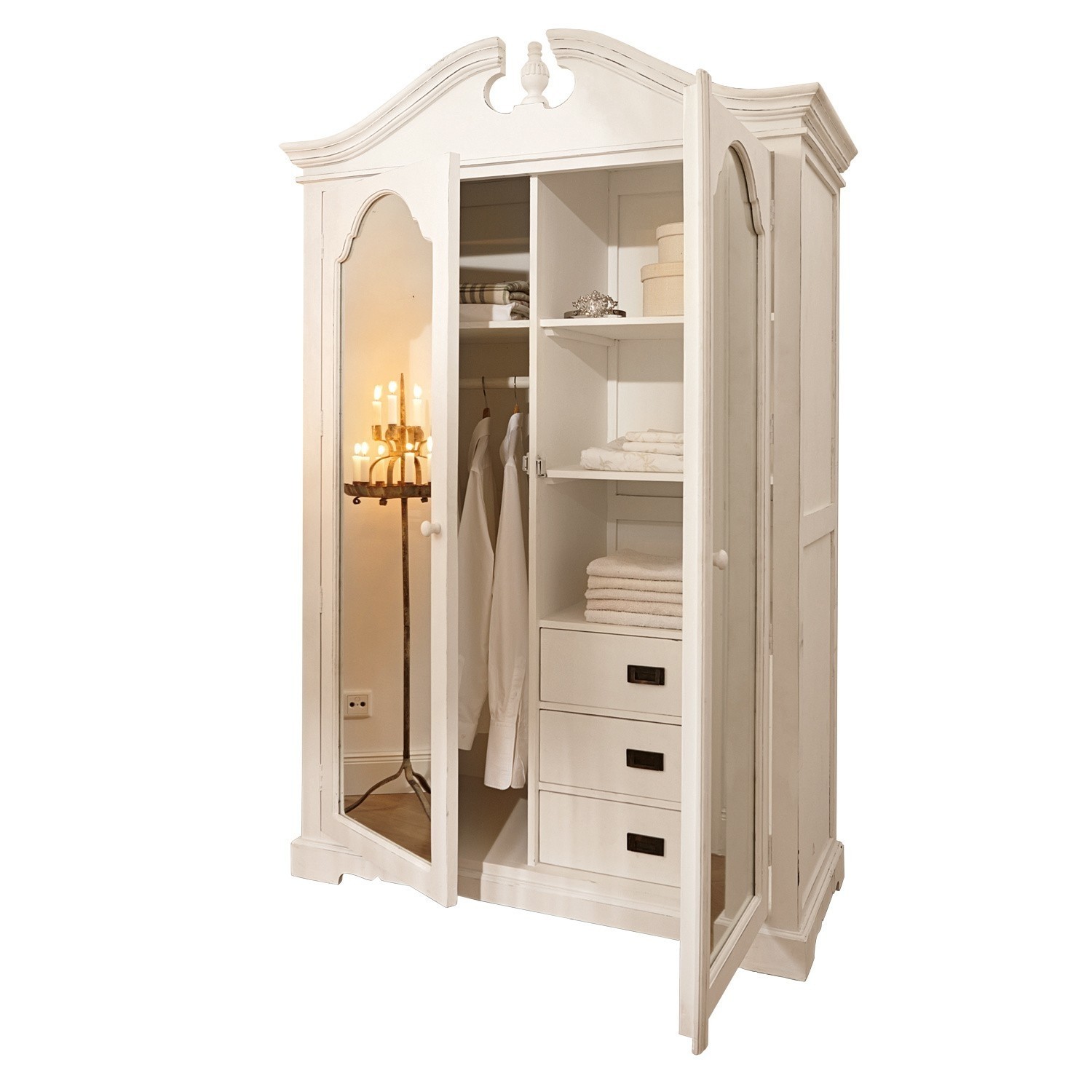 Kast Somerset Witte houten kast met spiegel en planken voor kleding en handdoeken in vintage stijl