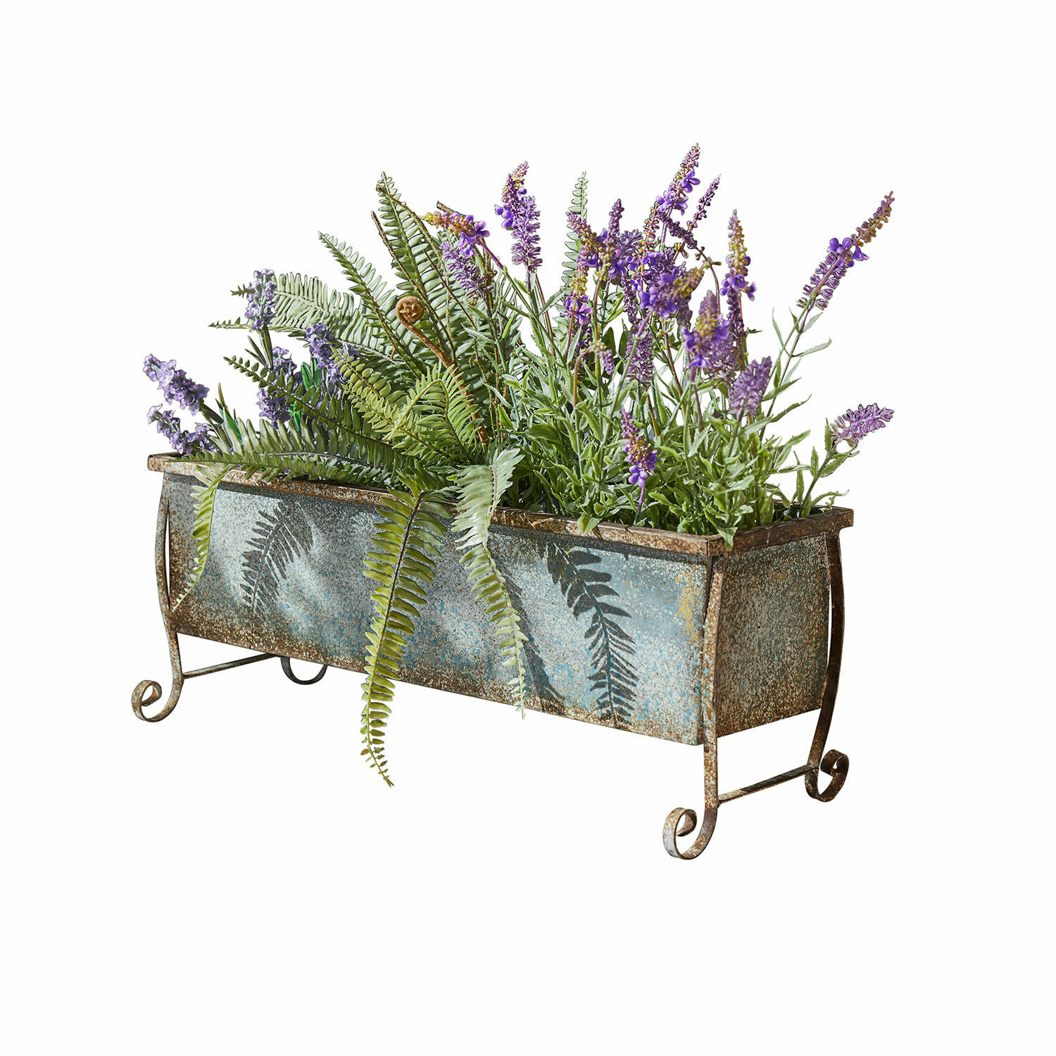 Cache-pot Louvière Jardinière en métal vieilli avec fleurs violettes et feuilles de fougère verte pour décoration extérieure