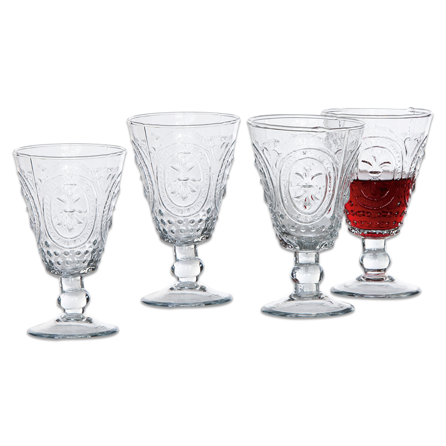 Lot de 4 verres à vin Sarton Ensemble de quatre verres transparents avec motif décoratif, parfaits pour servir des boissons.