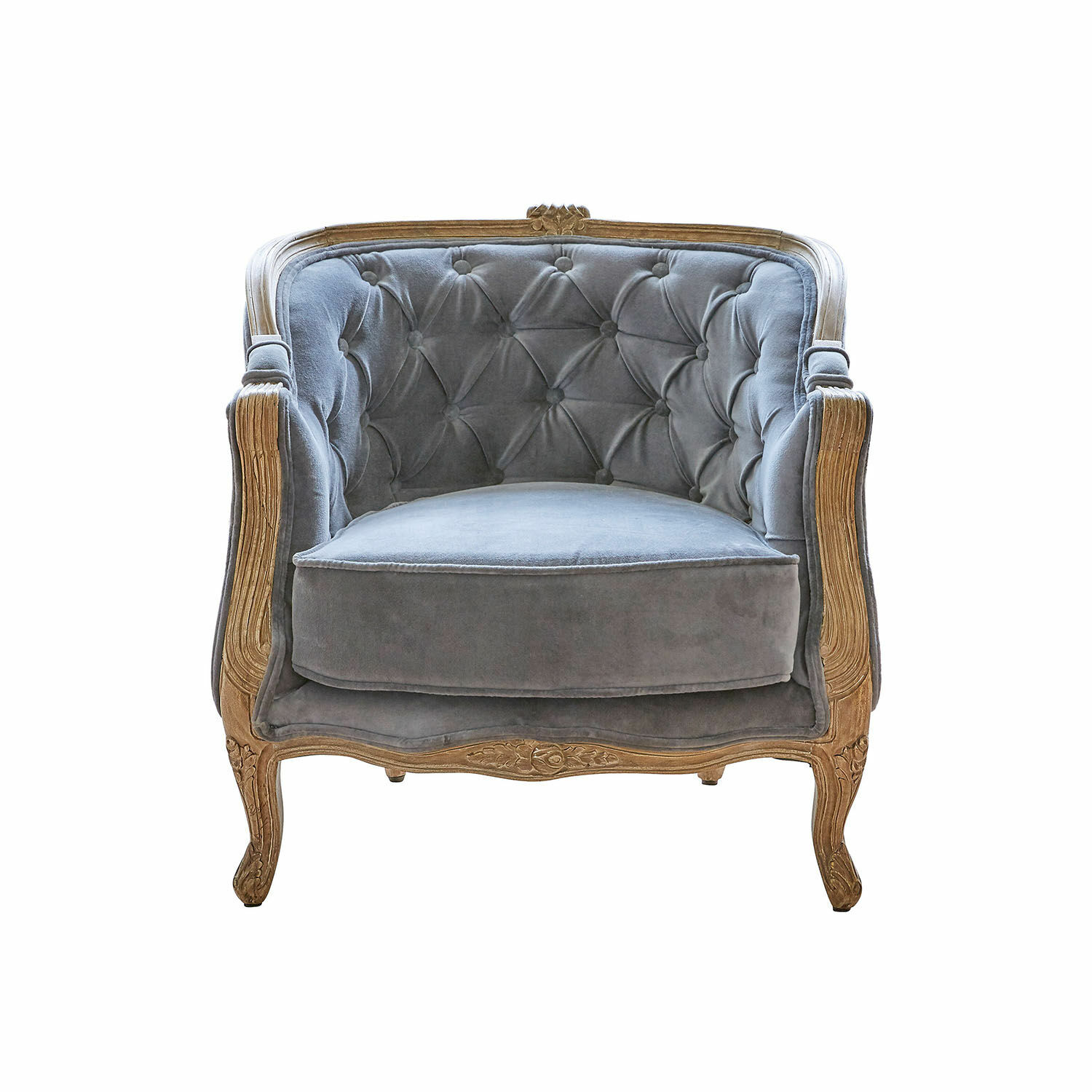 grijsblauw Fauteuil Annezay met grijsblauwe fluwelen bekleding en gesneden houten frame, elegante zitmeubel