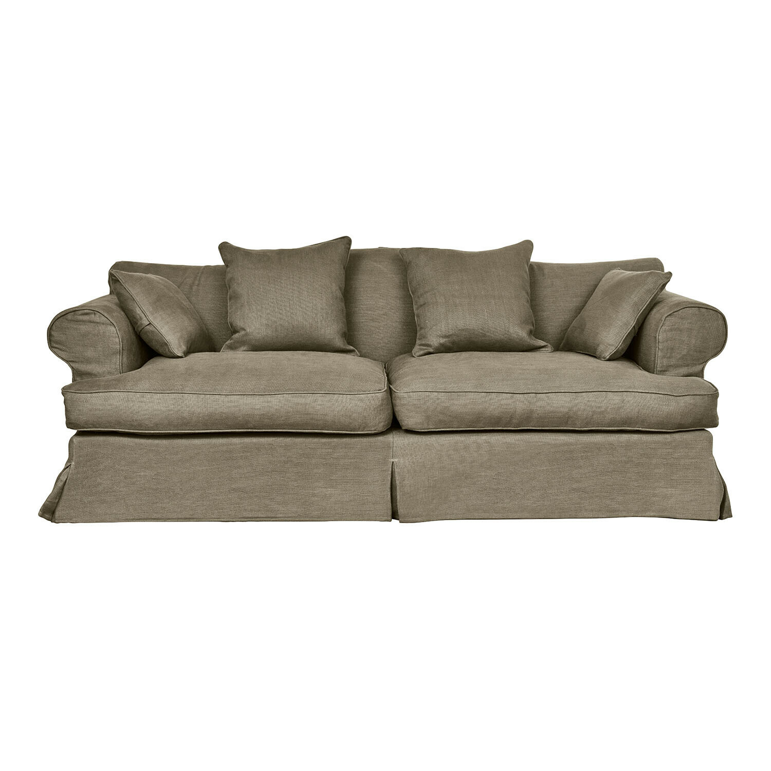 Canapé Dawnhurst en tissu taupe avec coussins moelleux, design classique pour salon confortable