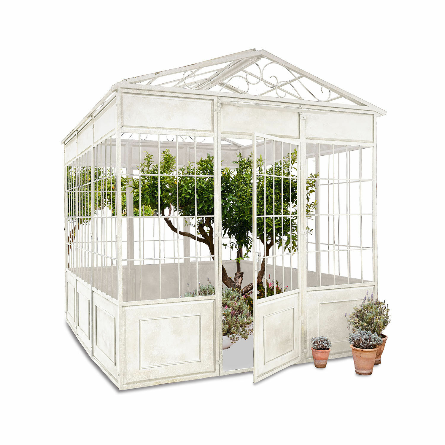 blanc Pavillon de jardin Essone blanc en métal avec plantes et pots, parfait pour jardin et terrasse