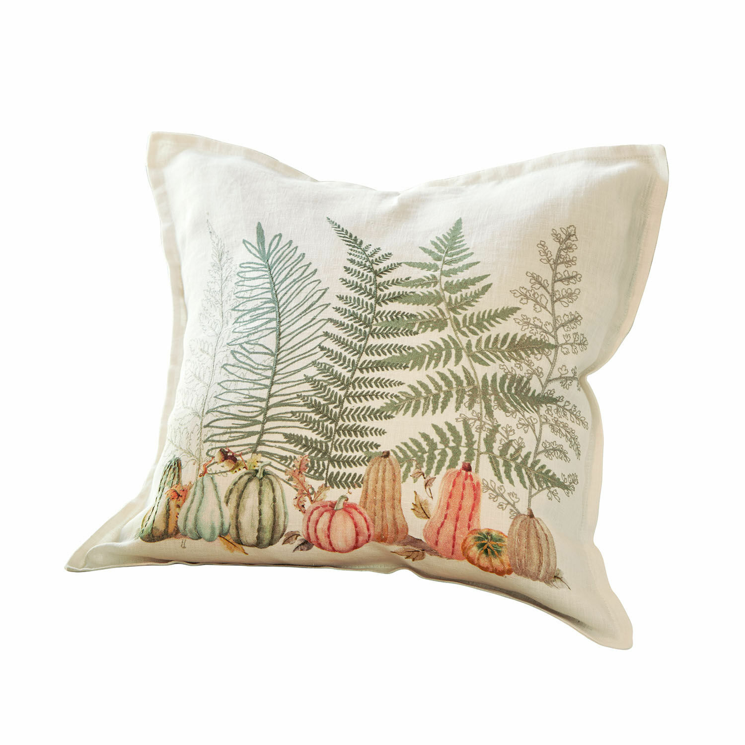 Kussenhoes Lorimare Decoratief katoenen kussen in ecru met print van groene varens en gekleurde pompoenen